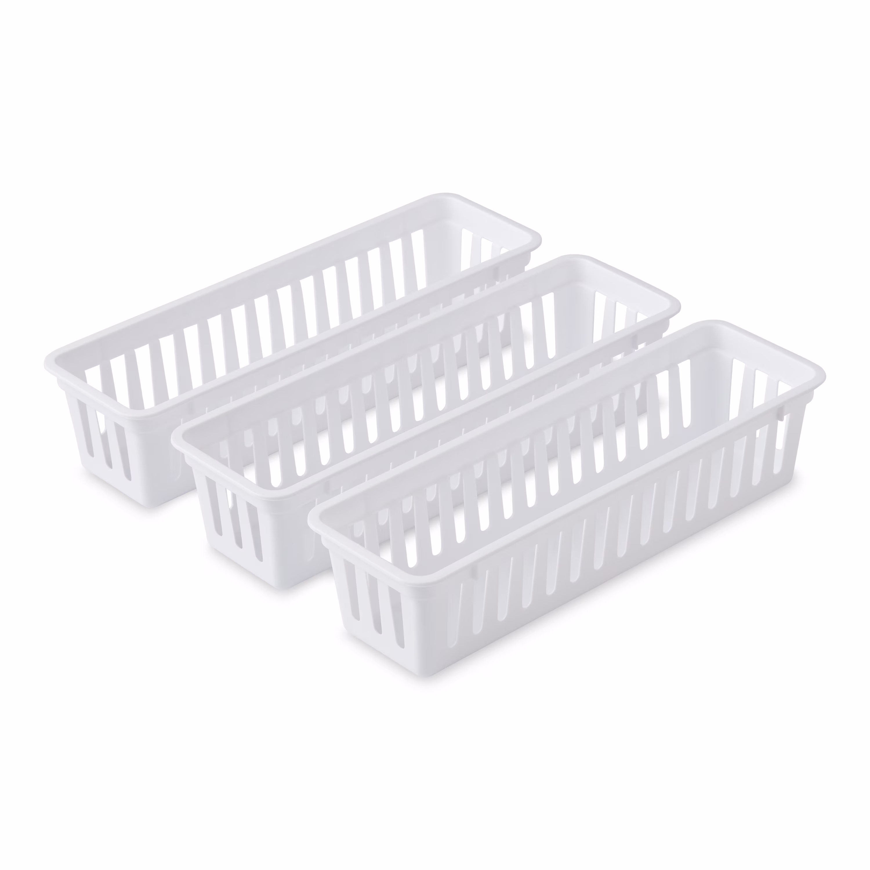 Mainstays 3-Pack Plastic Narrow Drawer Organizer Storage Baskets, Kitchen Drawer, Desk Drawer and Bathroom Drawer Organizer Bins, 10.3