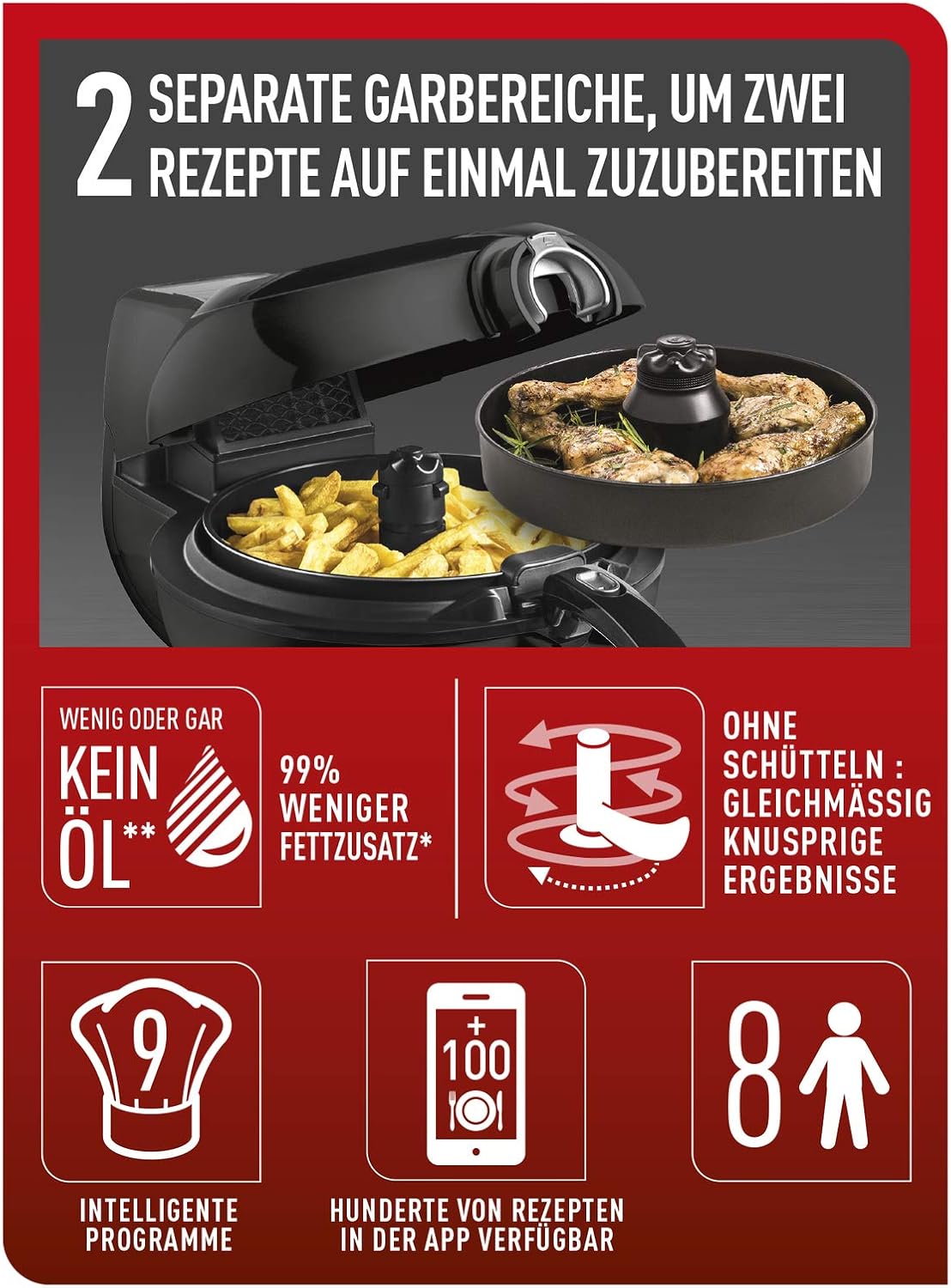 Friteuse air chaud 1,7 kg 1500 W 9 programmes technologie 2 en 1