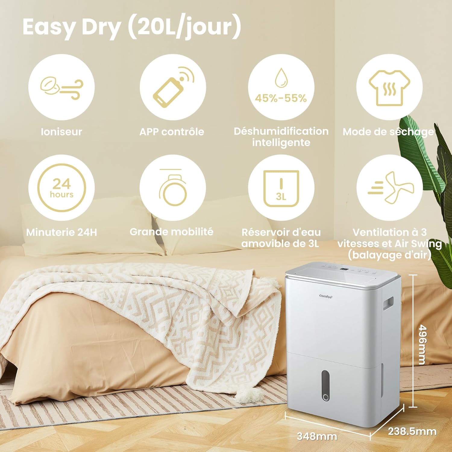 Déshumidificateur 20 L jour connecté réservoir 3 L mode sèche linge