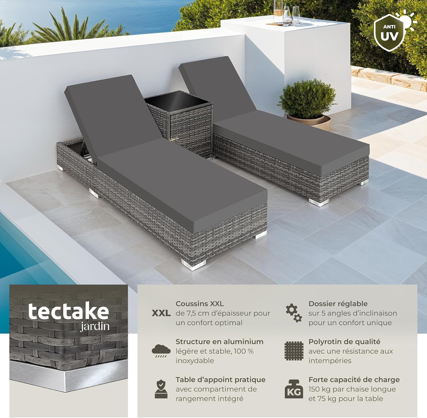 Set 2 chaises longues bain de soleil dossier réglable table aluminium résine tressée housses protection gris