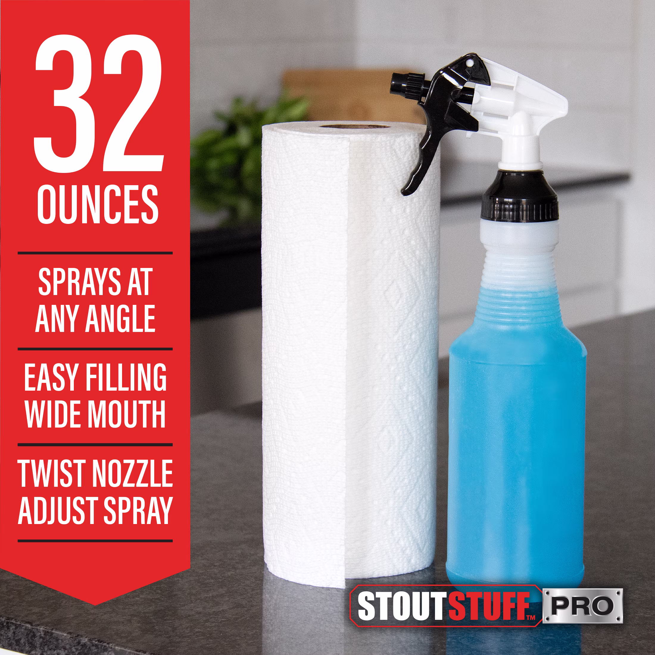 Stout Stuff Plastic Wide Mouth Empty Spray Bottle, Holds 32oz