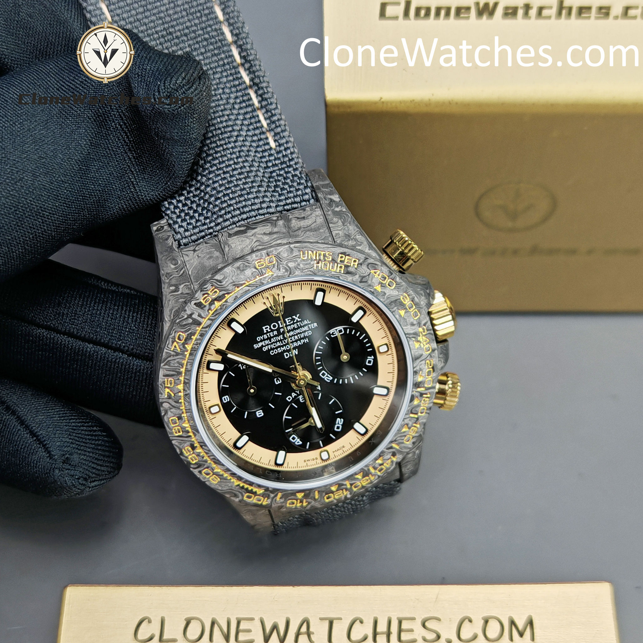 Modified Super Clone Watches 1:1 DiW Rolex Daytona NTPT Carbon “CREAM INVERT GOLD”