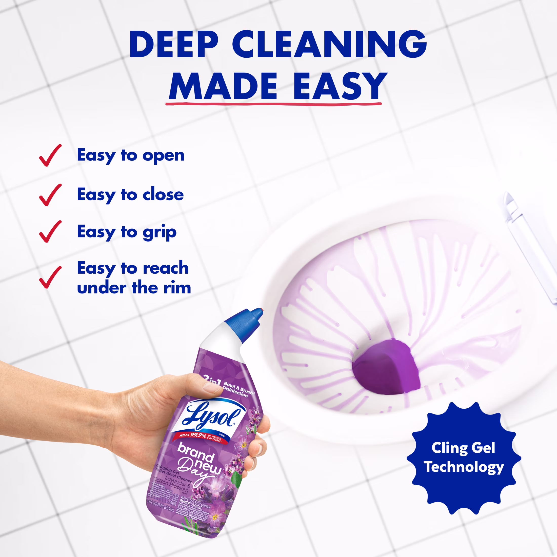 Lysol Toilet Bowl Cleaner Clinging Gel, Disinfecting Bathroom Cleaner and Toilet Bowl Stain Remover, Lavender & Cotton Blossom Scent, 24 fl oz