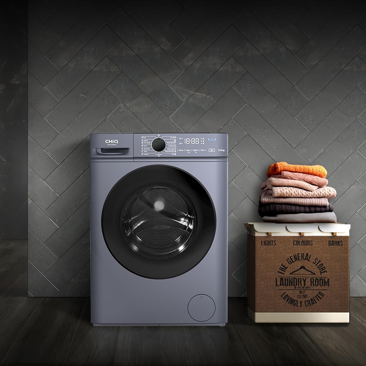Lave linge hublot 7 kg classe A moteur 1200 rpm lavage vapeur rapide 15 programmes gris