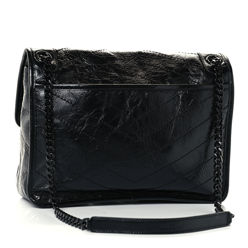 SAINT LAURENT Crinkled Calfskin Matelasse Monogram Medium Niki Chain Satchel Black