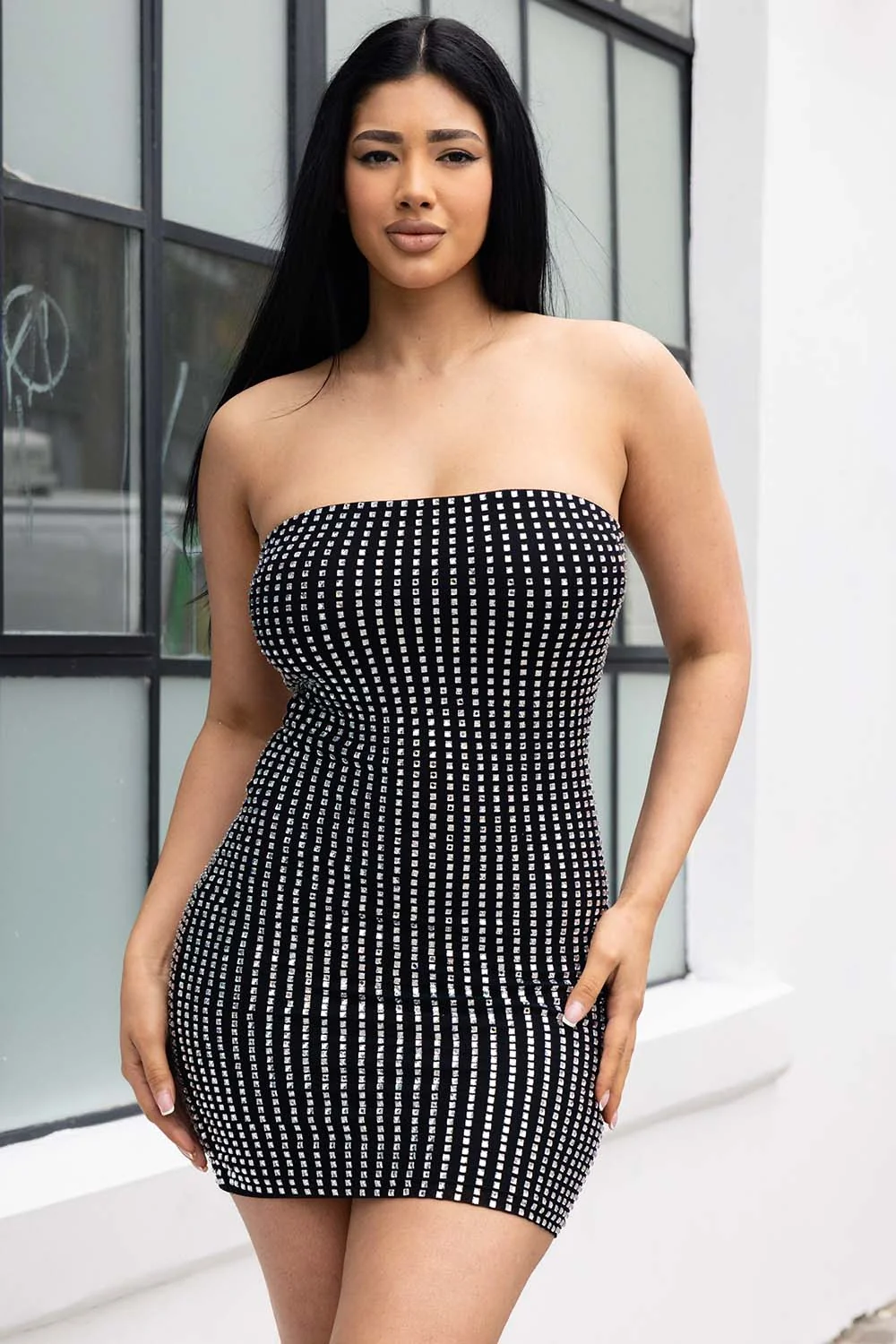 Symphony Dress - Rhinestone On Power Mesh Tube Top Mini Dress
