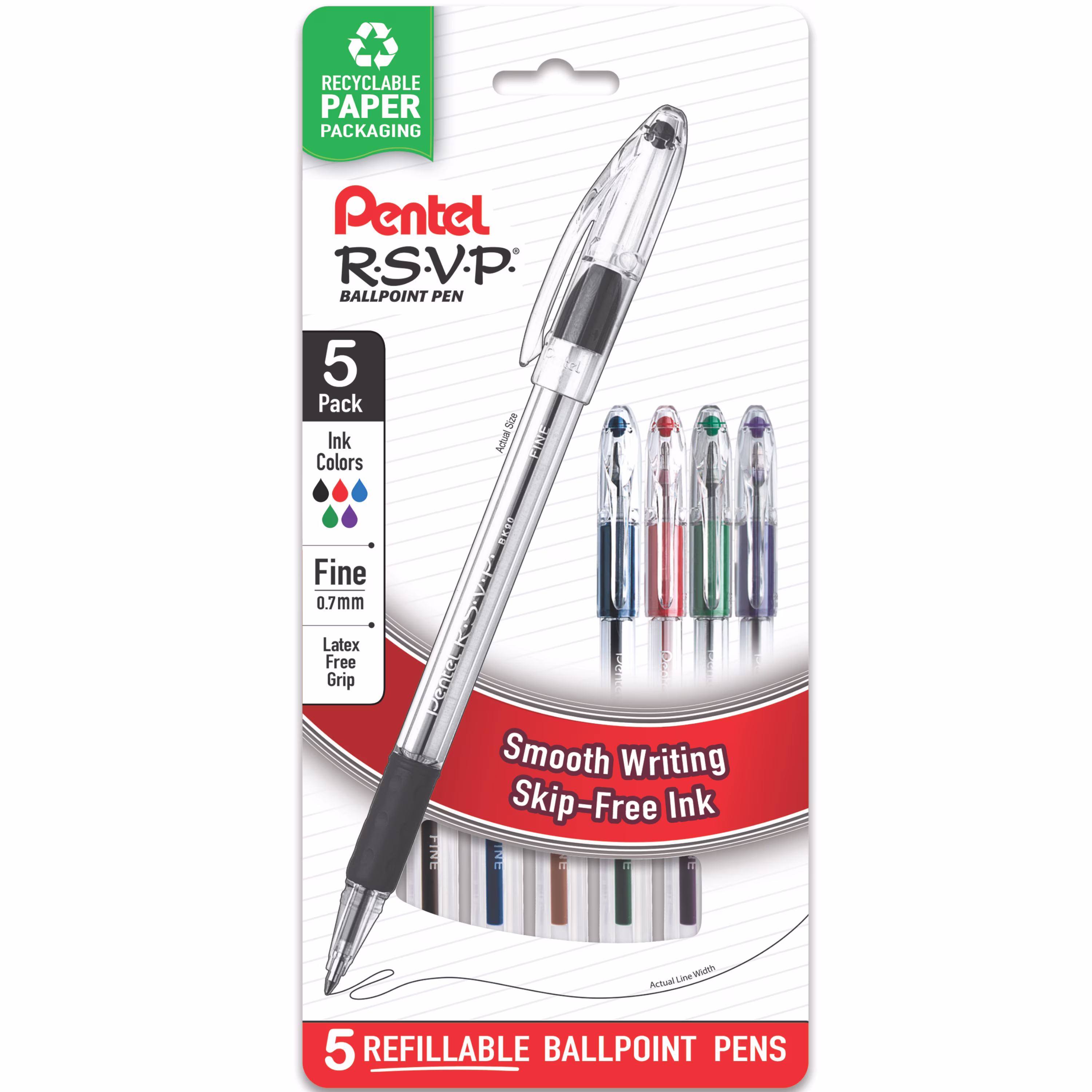 Pentel RSVP Ballpoint Pens, Fine Point, 0.7mm, Assorted Ink, 5 count