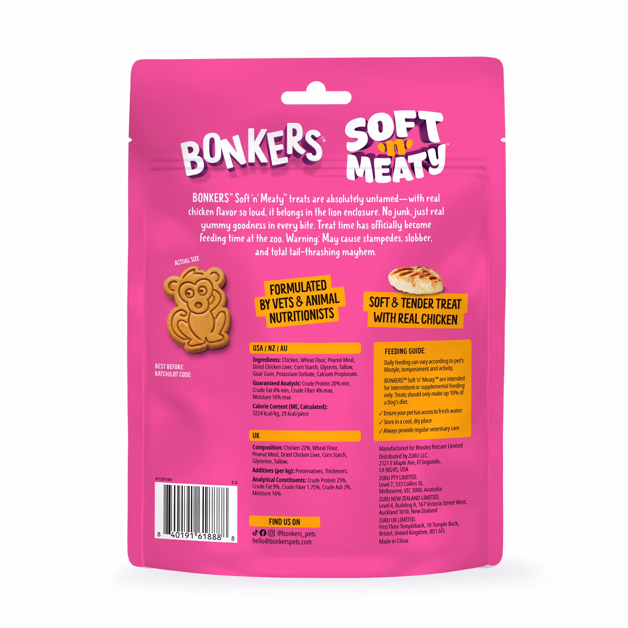 BONKERS Soft & Meaty Dog Treats Made with Real Chicken, Zoo Animal Shapes, 5.6 oz Bag