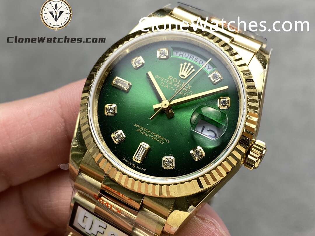 Rolex Super Clone Watches 1:1 Day Date 18K Gold Gradient Green Diamond Dial 36mm m128238-0069 3255 Movement