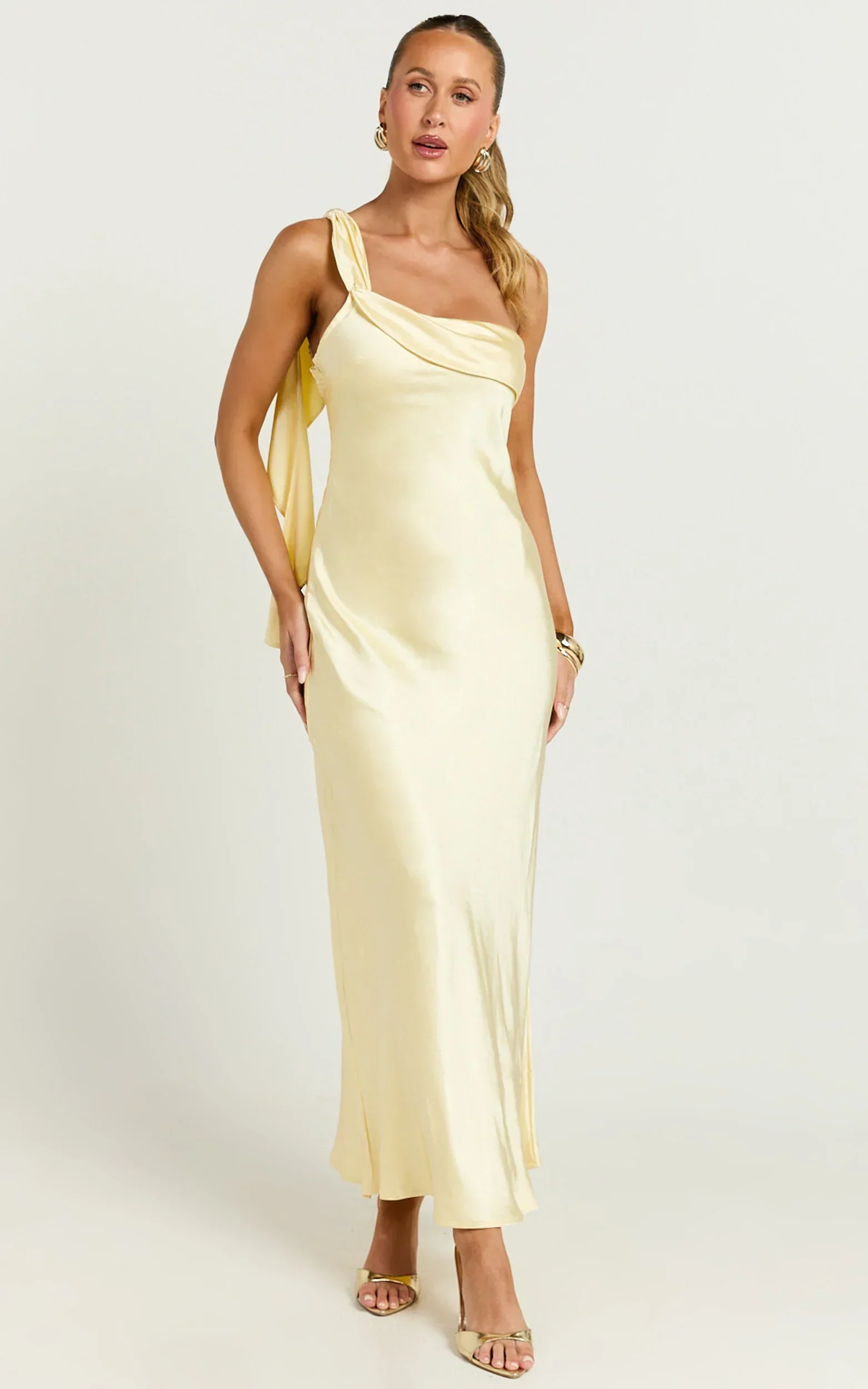 Calix Midi Dress - One Shoulder Slip Dress in Butter