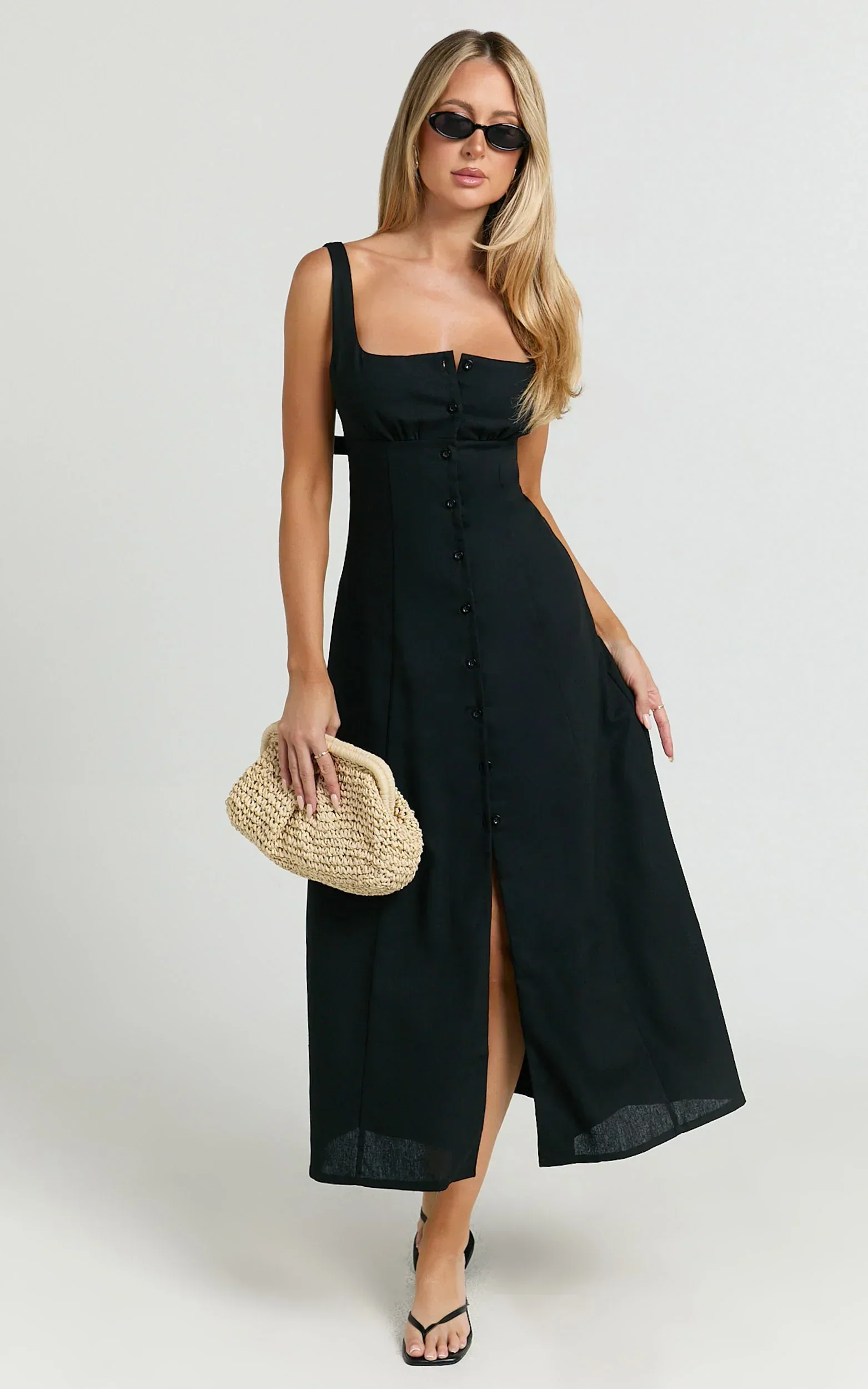 Cameron Midi Dress - Button Front Tie Back Dress in Black