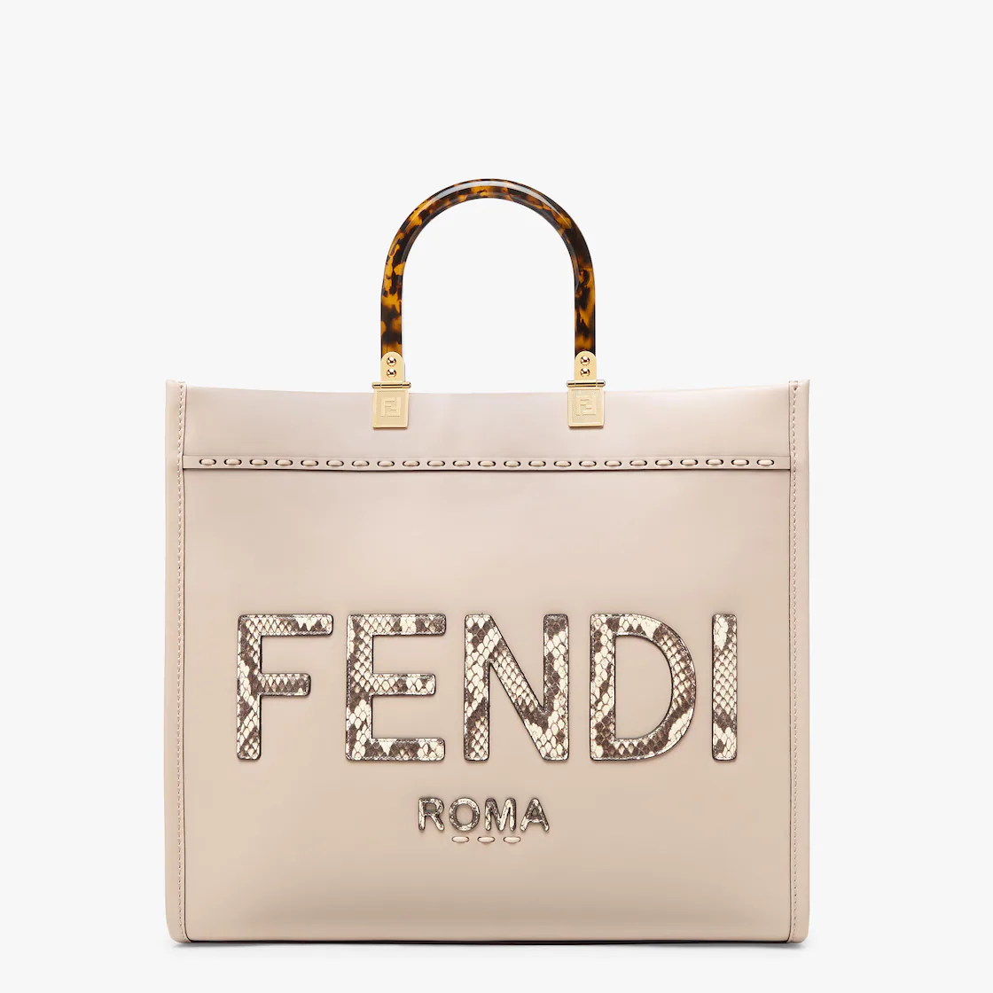 Fendi Medium Sunshine Shopping Tote Bag  Light brown leather and brocade snakeskin handbag-grey