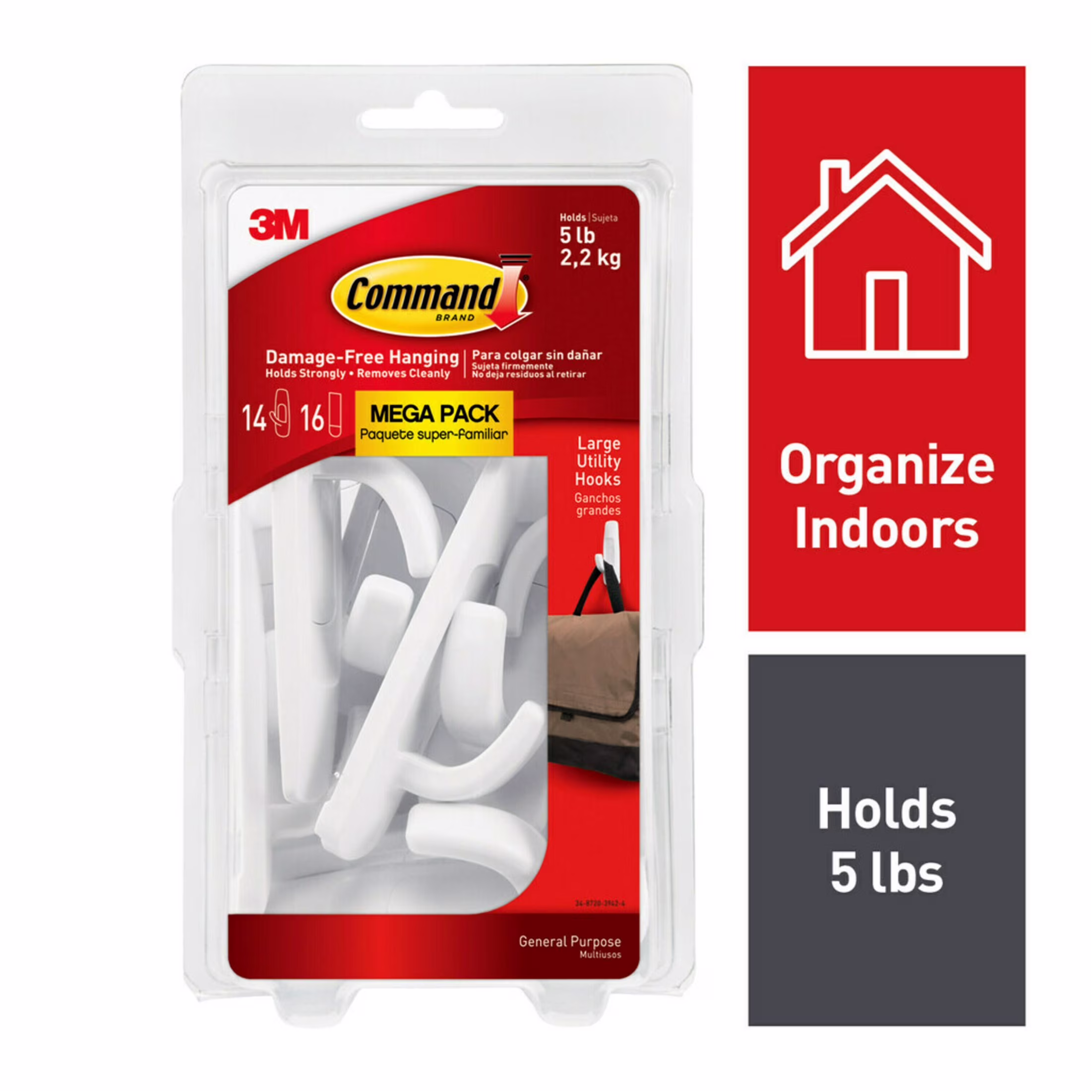 Command Large Utility Hooks, Holds 5 lb, White, 6 Hooks, 12 Pairs Adhesive Strips