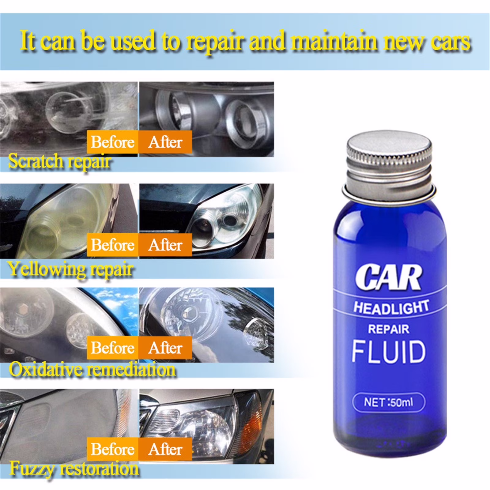 Lixmnse Car Headlight Repair Fluid, 50ml Ceramic Coat Spray for Restoring Oxidation and Scratches with Hydrophobic Protection as show