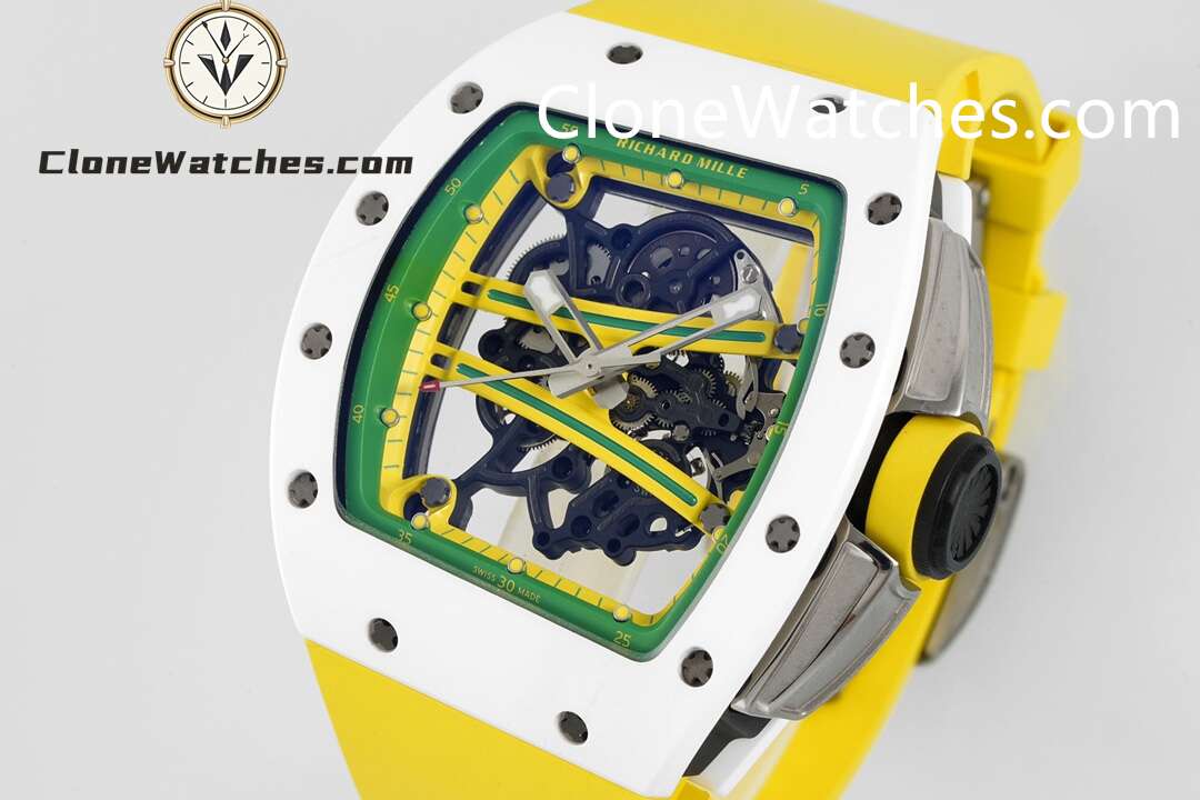 Richard Mille Super Clone Watches 1:1 RM 61-01 White Tourbillon Yellow Strap