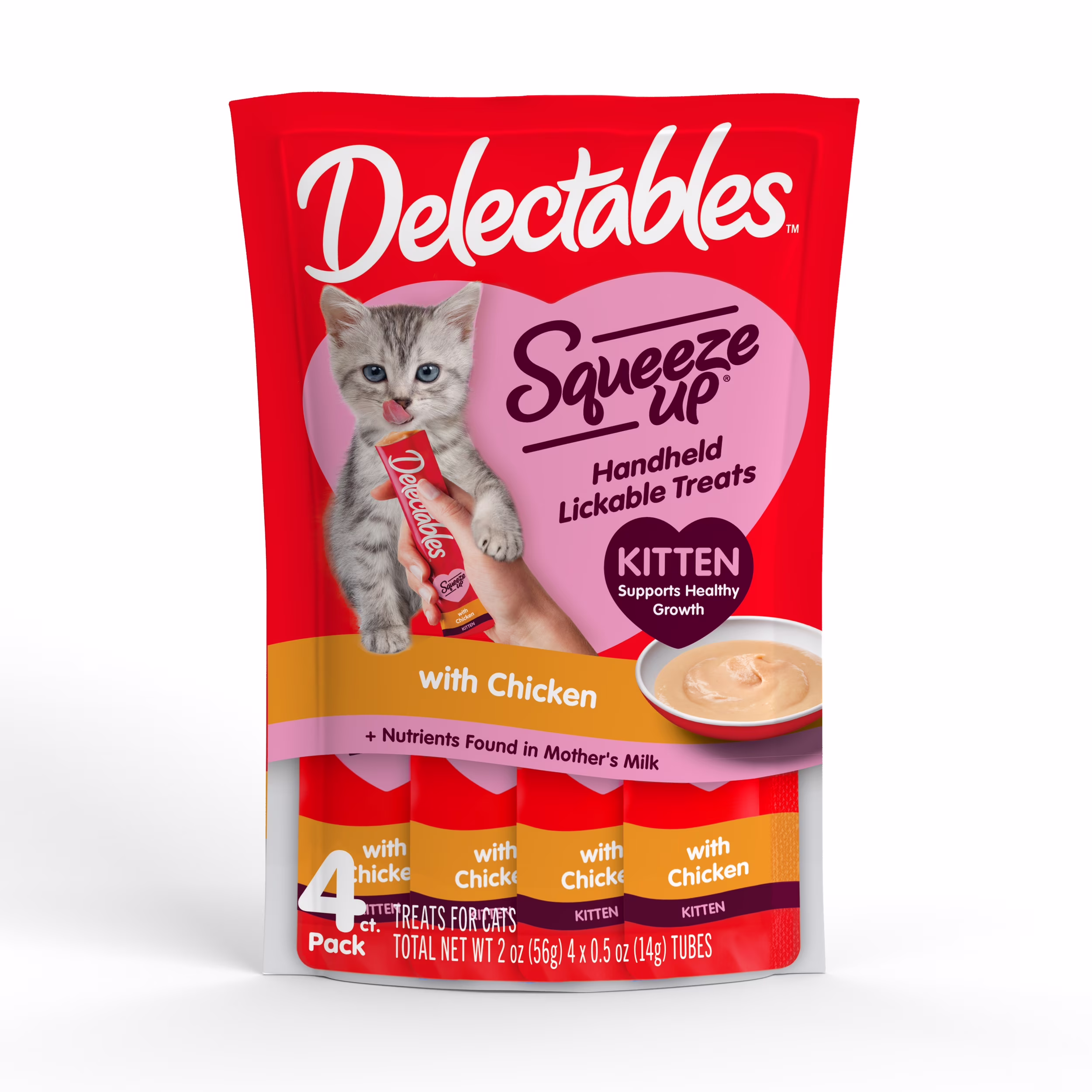 (2 pack) Hartz Delectables Squeeze Up for Kittens, Complete & Balanced Lickable Wet Cat Treat, Chicken, 4ct