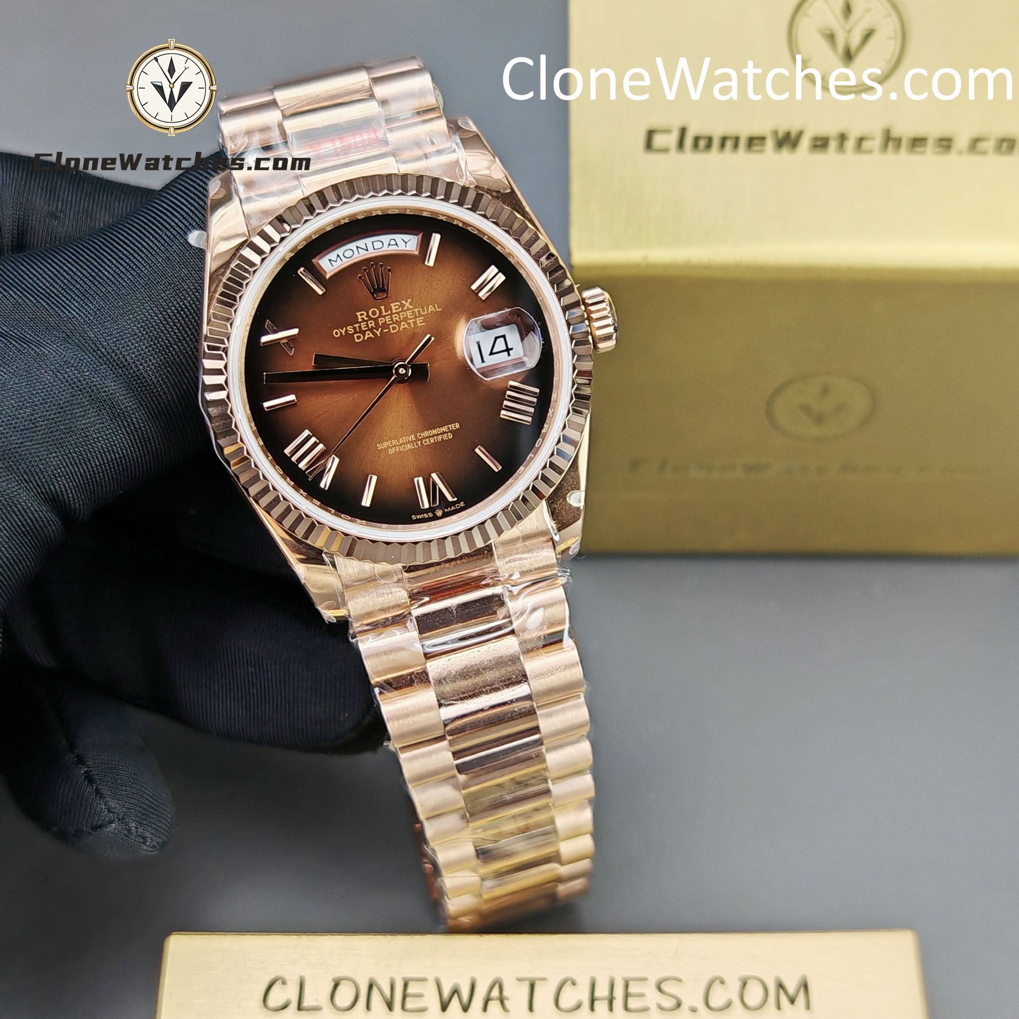 Rolex Super Clone Watches 1:1 Day Date Rose Gold Brown Roman Dial 36mm m128235-0075 3255 Movement
