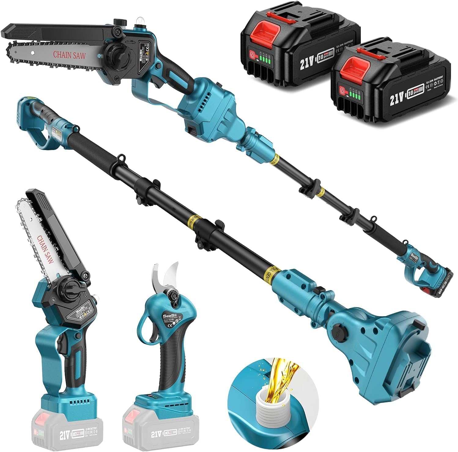 Mini tronçonneuse 6 pouces avec perche et sécateur batterie 4000 mAh