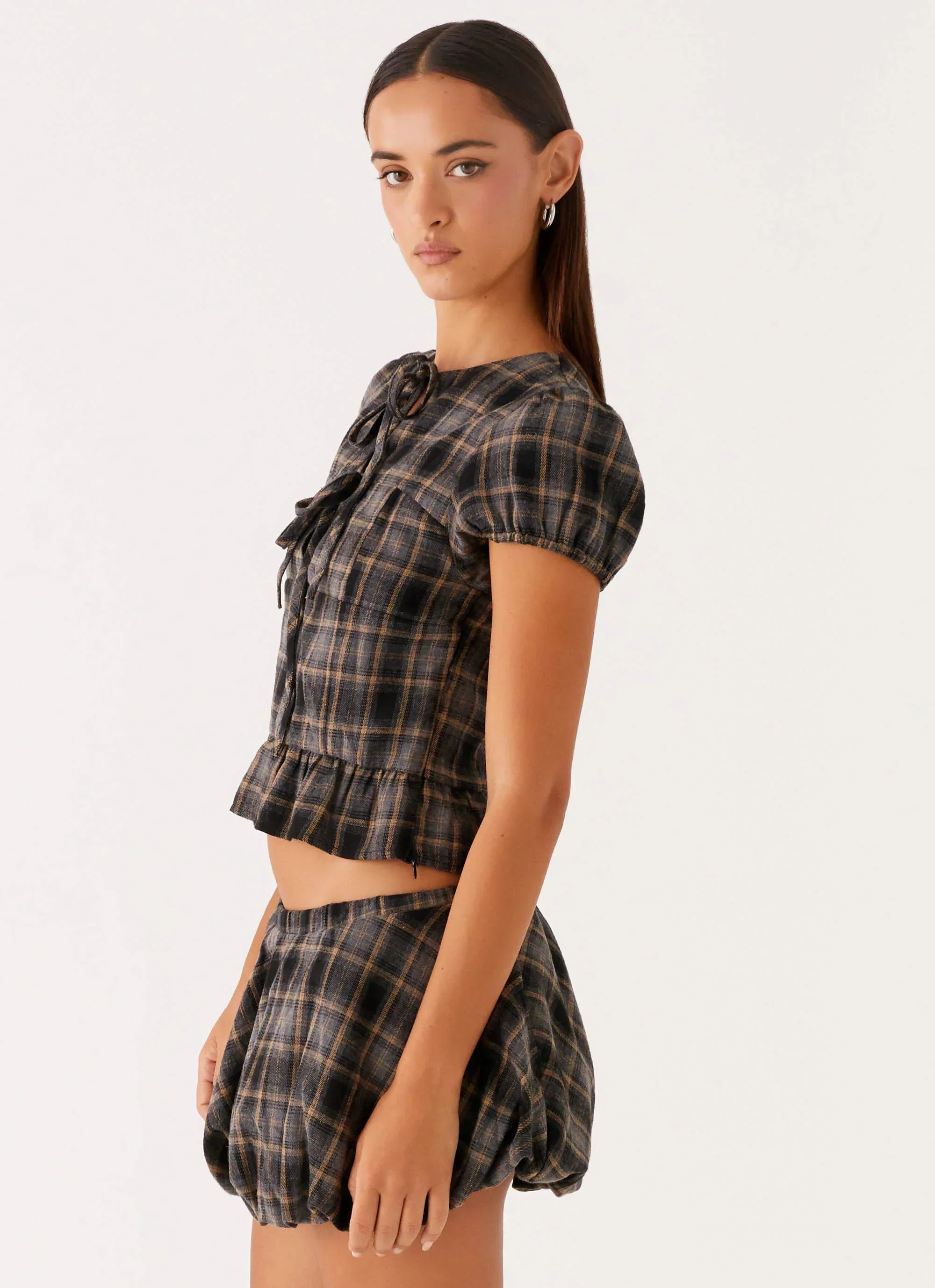 Lucia Puff Sleeve Top - Brown Check