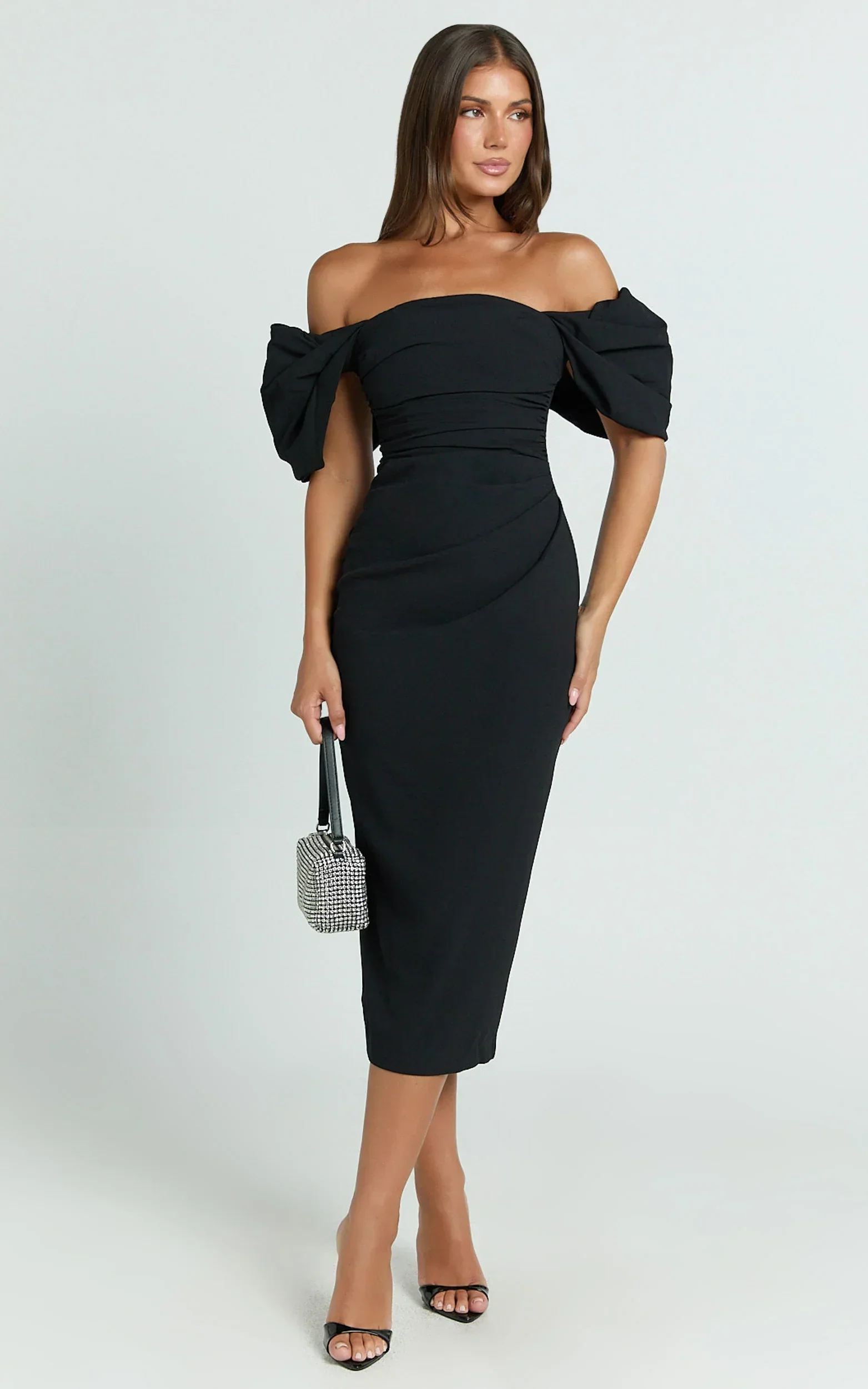 Lohan Midi Dress - Off Shoulder Puff Sleeve in Black