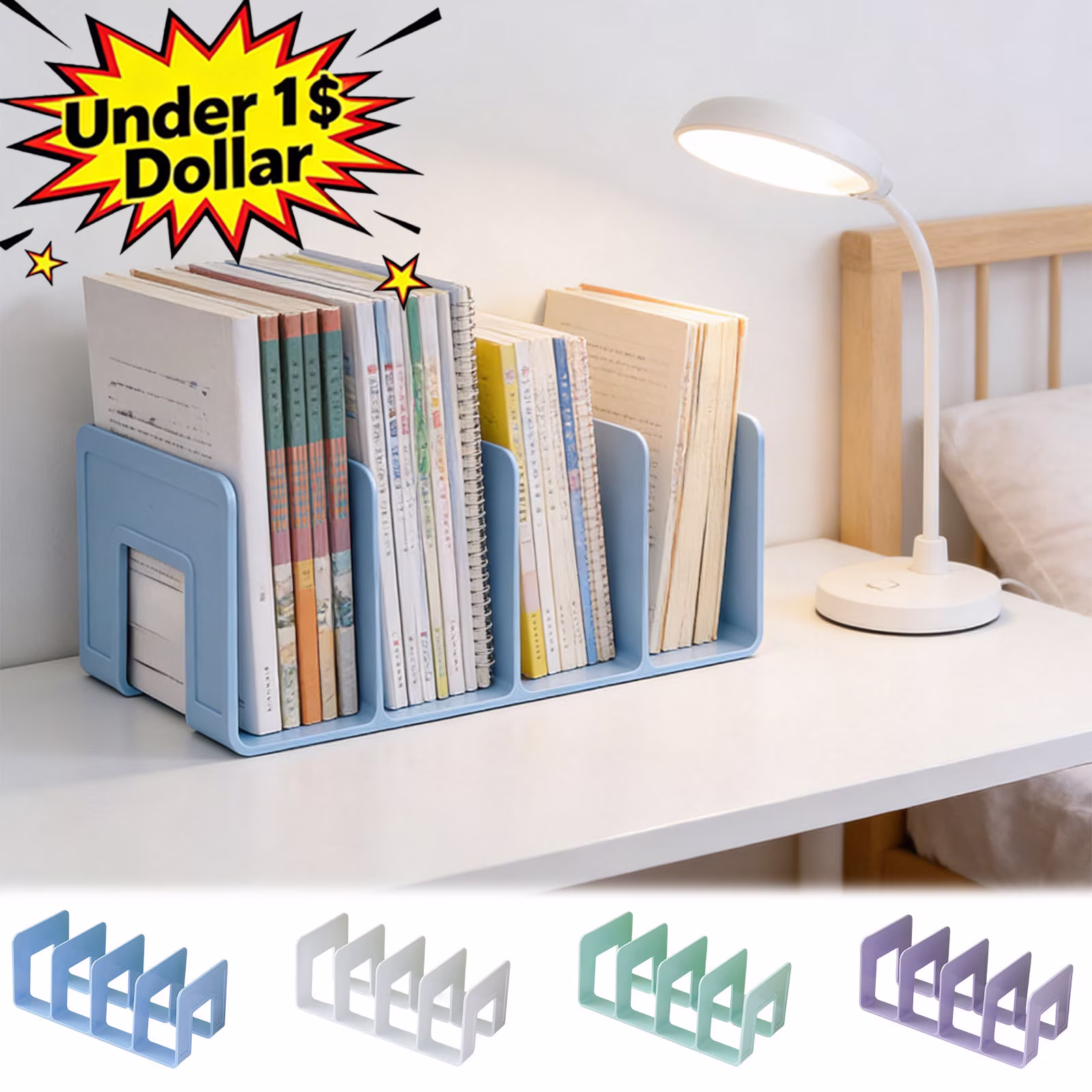 Qocolcyl Under 1$ Dollar Book Holder, Plastic Desk Book Stand, 4 Compartments Book Organizer, Desk File Sorter for Office Classroom Home, Book Shelf, White, 1 Pack