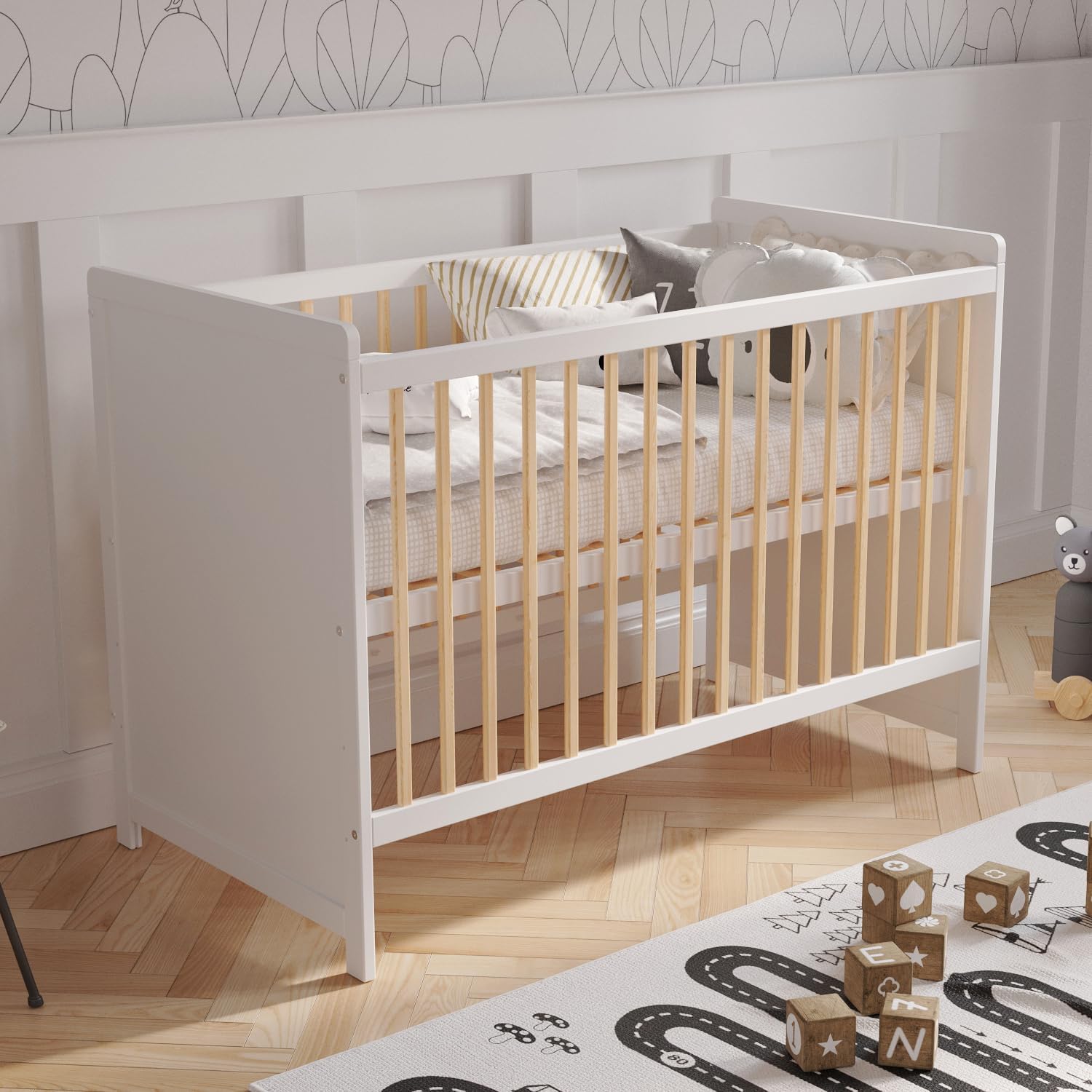 Lit bébé évolutif 120x60 cm bois de pin avec barrière