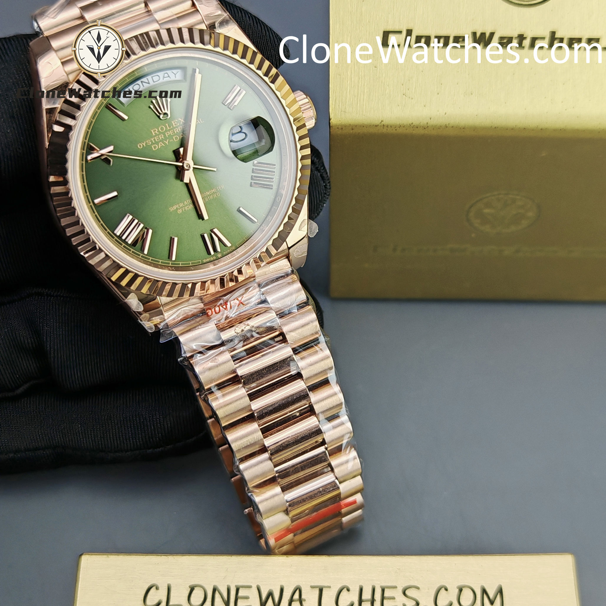 Rolex Super Clone Watches 1:1 Day Date 18K Rose Gold Olive Green Dial 40mm m228235-0025 3255 Movement