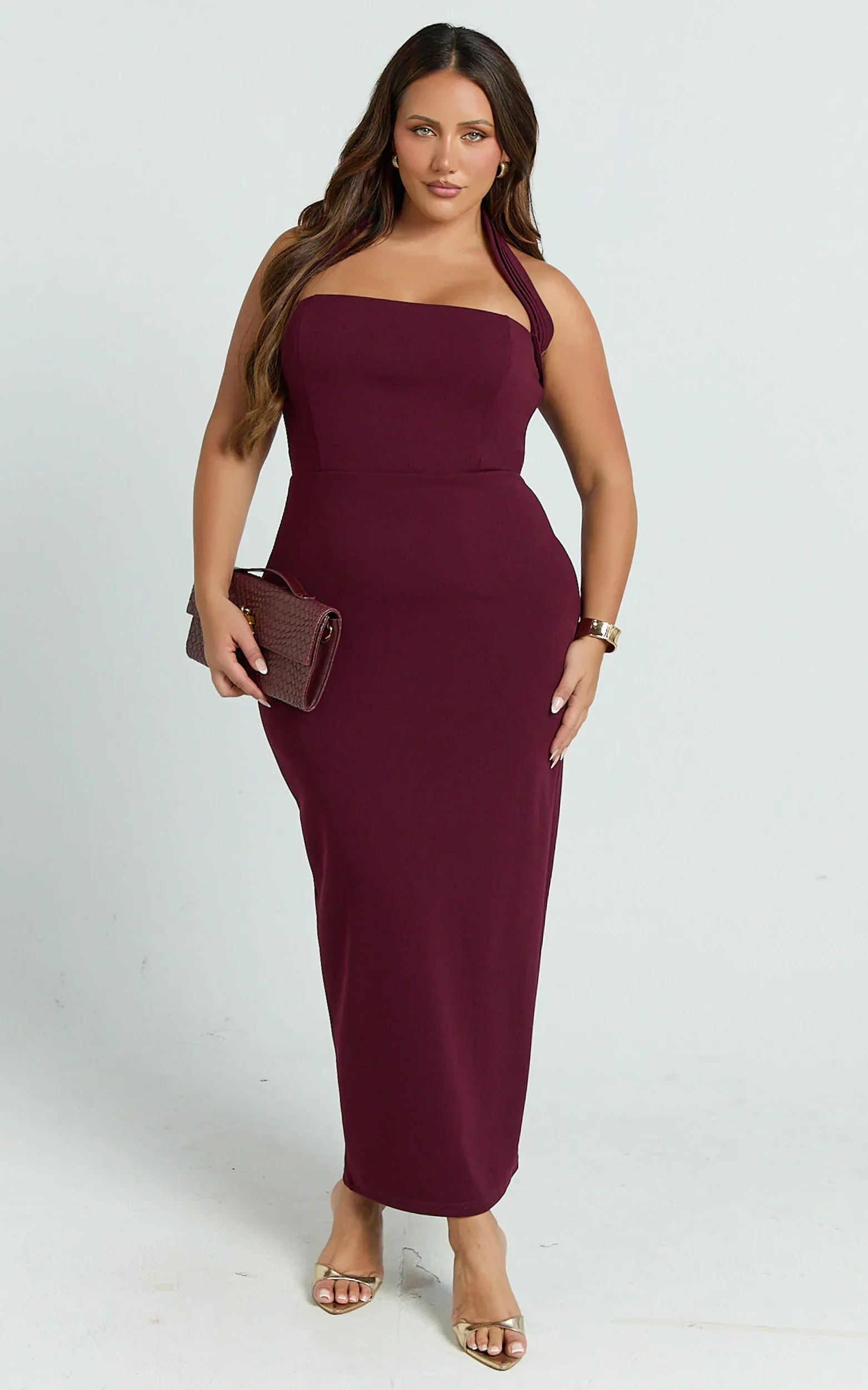 Salome Midi Dress - Halter Neck Column Dress in Wine