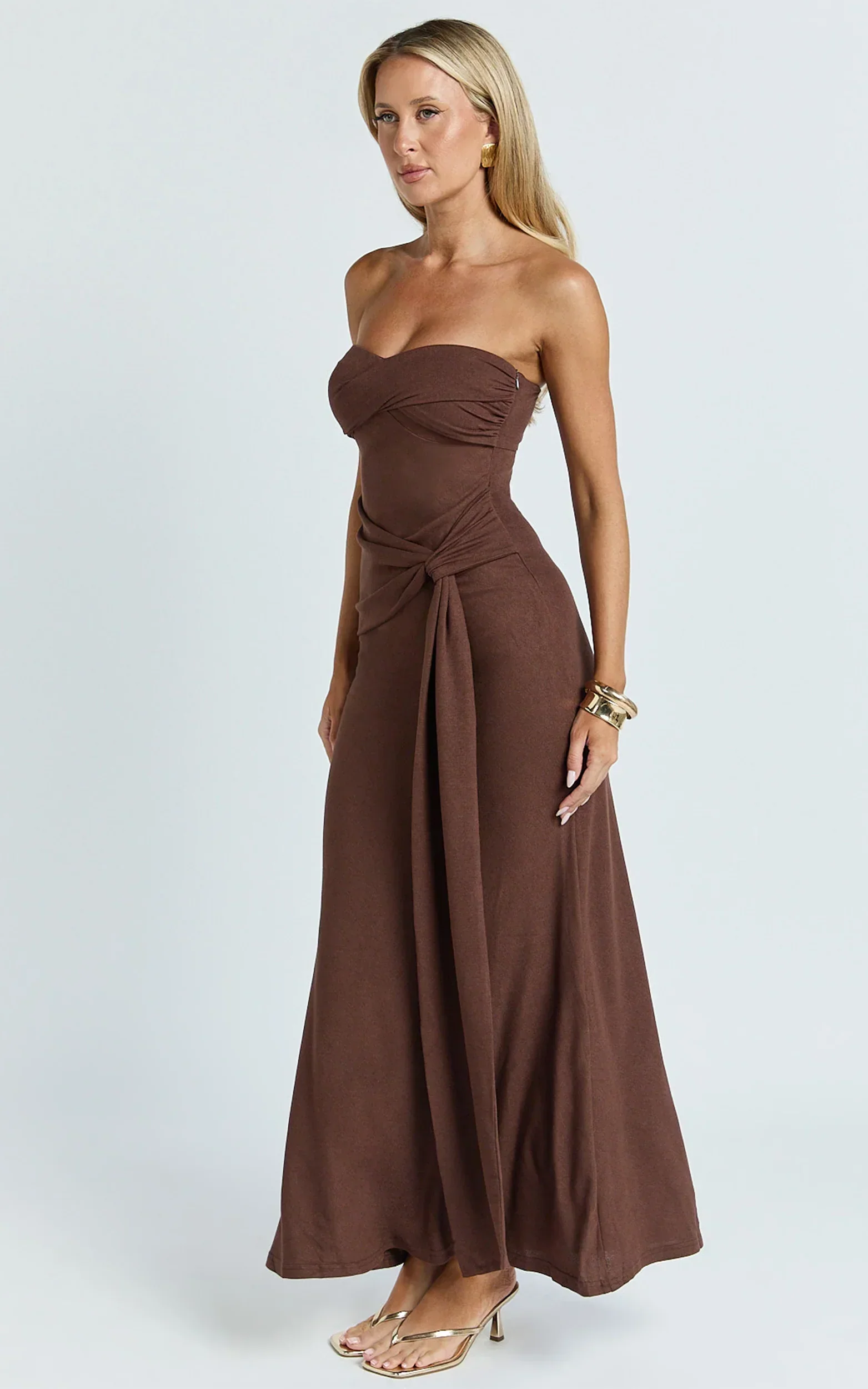 Aria Maxi Dress - Strapless Tie Waist Dress in Chocolate