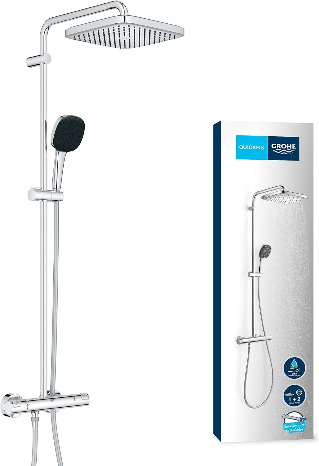 Colonne de douche Vitalio Comfort 250 thermostatique tête 25 cm 1 jet pommeau 11 cm 2 jets flexible 175 cm chromé