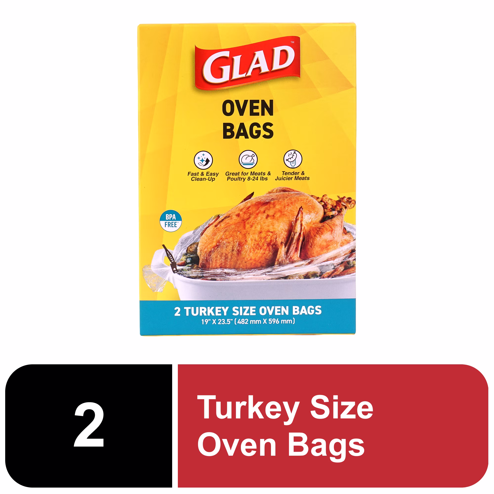 Glad Turkey Size Oven Bags 19 x 23.5 inches, BPA-Free, 2 Count, Fits 8 to 24 lbs