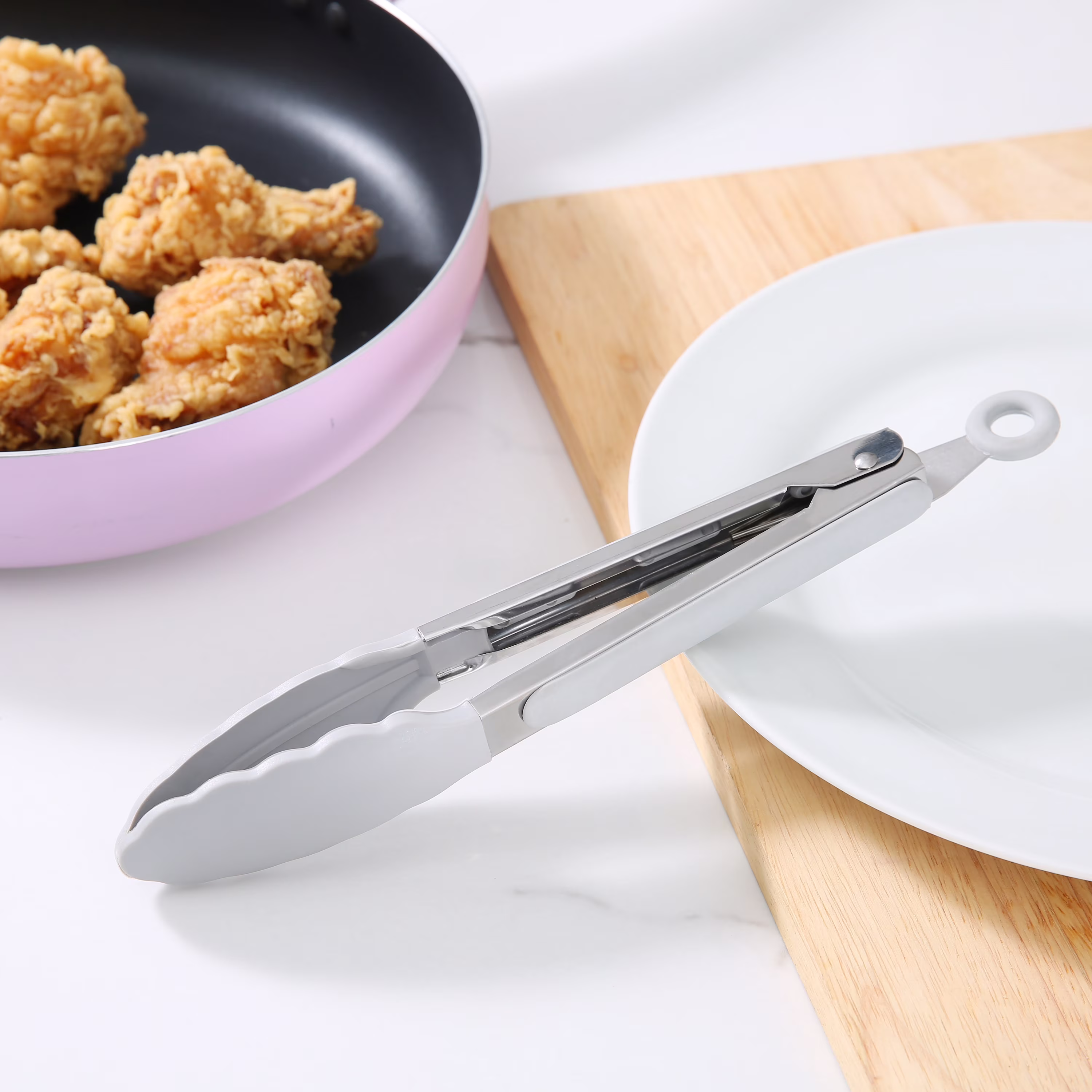 Mainstays 9 Inch Stainless Steel Silicone Locking Food Tongs with Soft Grip Handle, Grey Flannel
