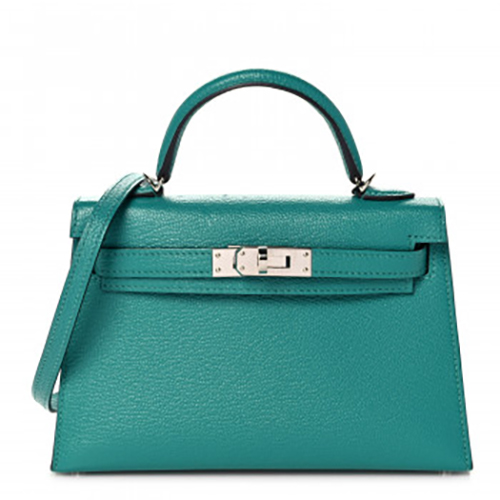 HERMES Chevre Mysore Verso Mini Kelly Sellier 22 Vert Verone Bleu Zanzibar
