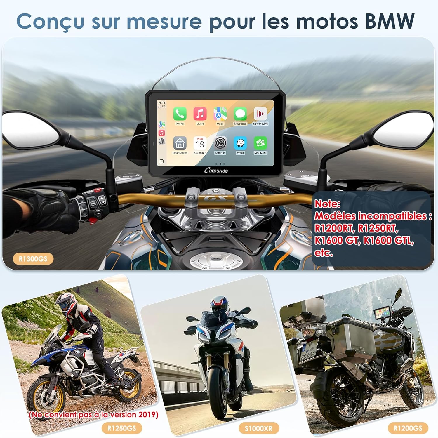 Écran moto CarPlay Android Auto 7 pouces étanche double Bluetooth