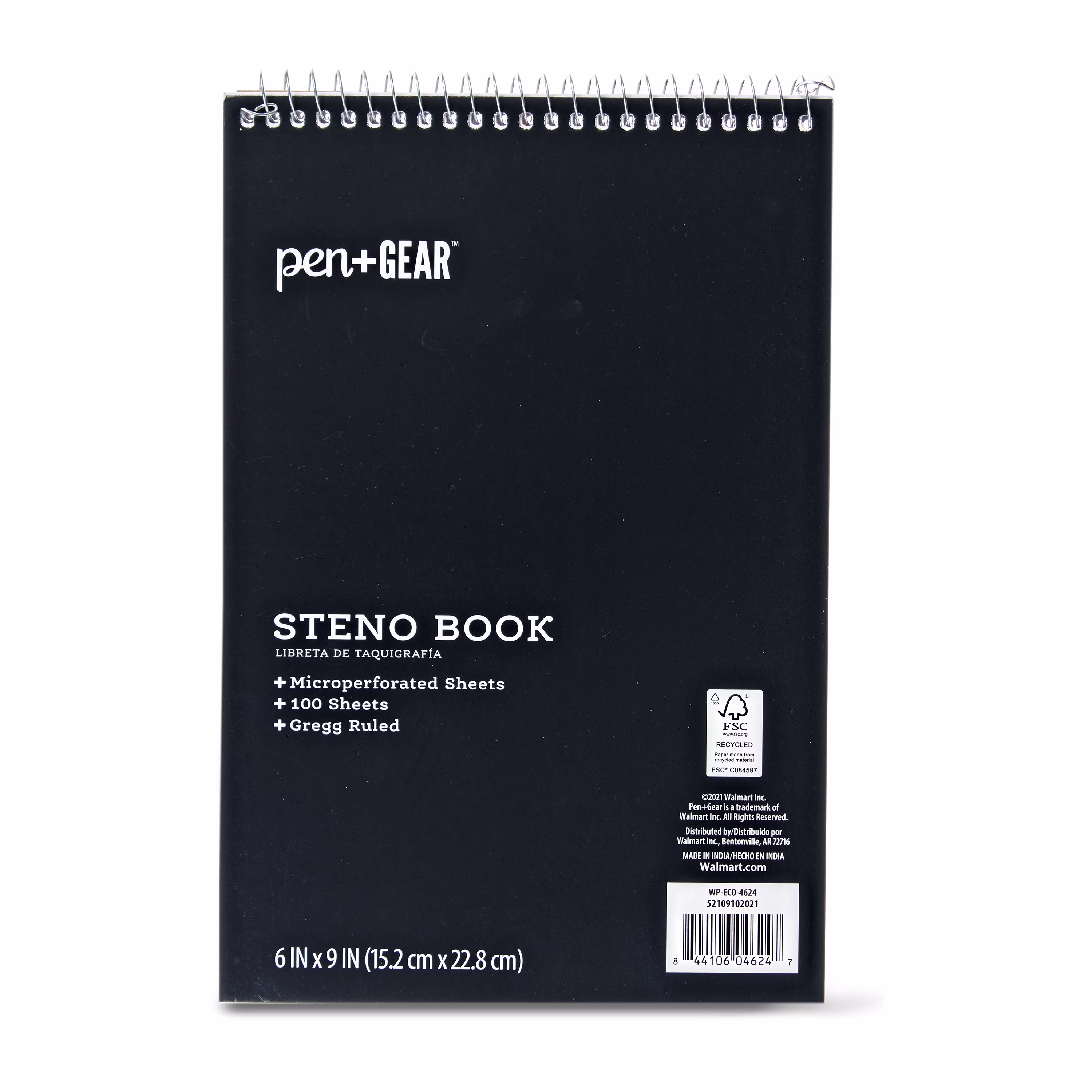 Pen+Gear Top Spiral Steno Pad, Gregg Ruled Paper, 100 Sheets, Black, 1 Count, 0 Holes