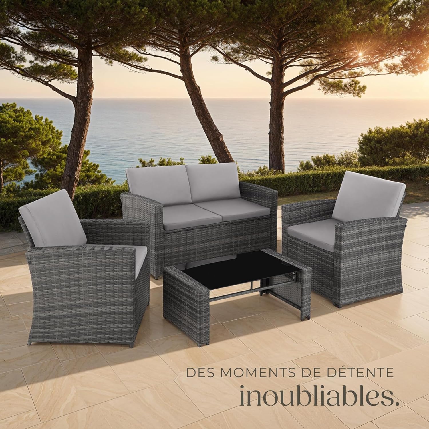 Salon jardin résine tressée 4 personnes canapé 2 fauteuils table verre coussins gris gris clair