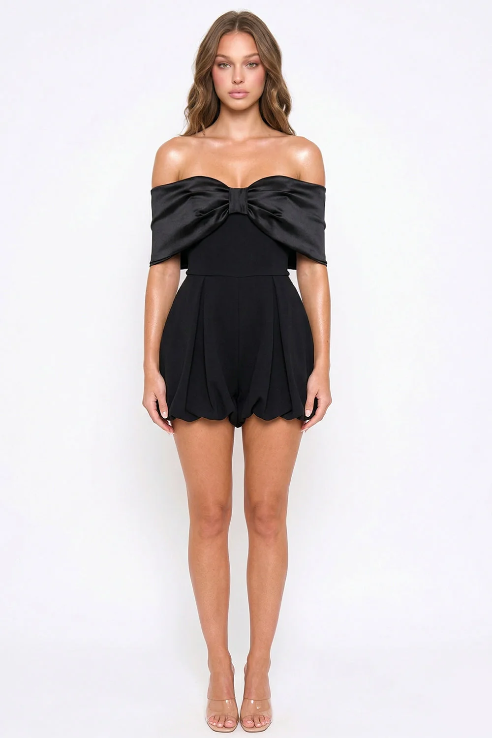 Symphony Dress - Satin Large Bow Front Off The Shoulder Romper