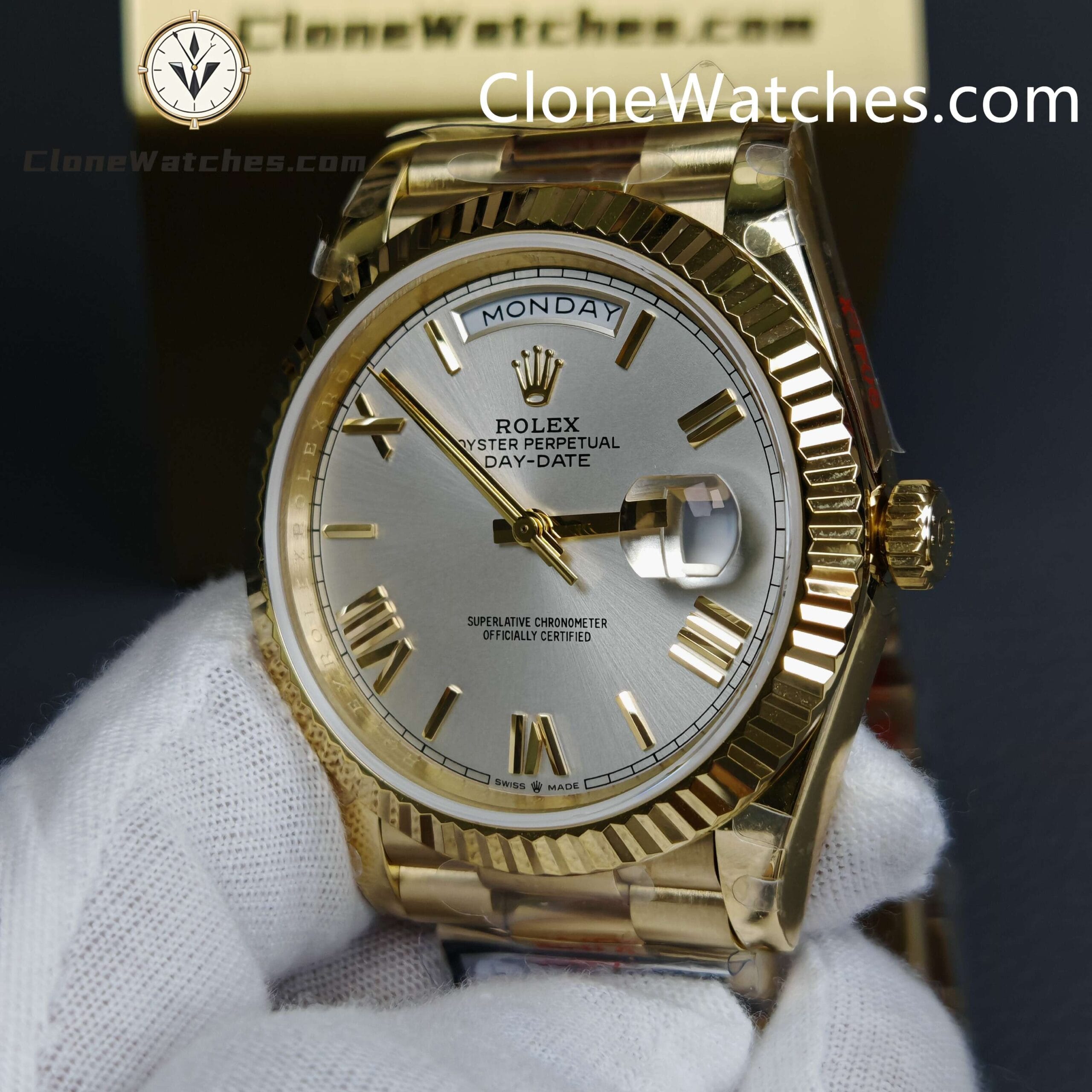 Rolex Super Clone Watches 1:1 Day Date 18K Gold Silver Dial 40mm m228238-0002 3255 Movement