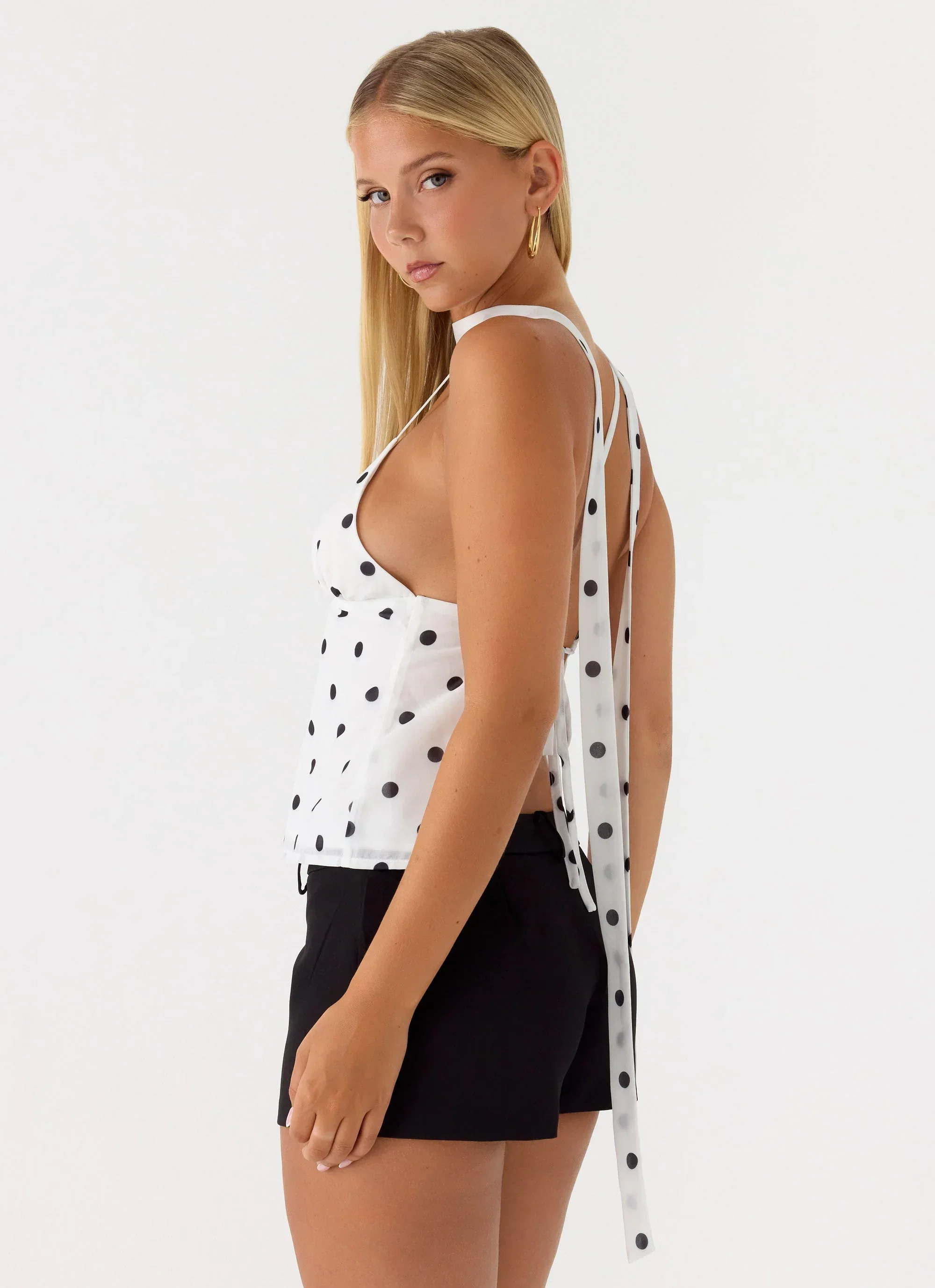 Quiero Backless Top - White Polka Dot