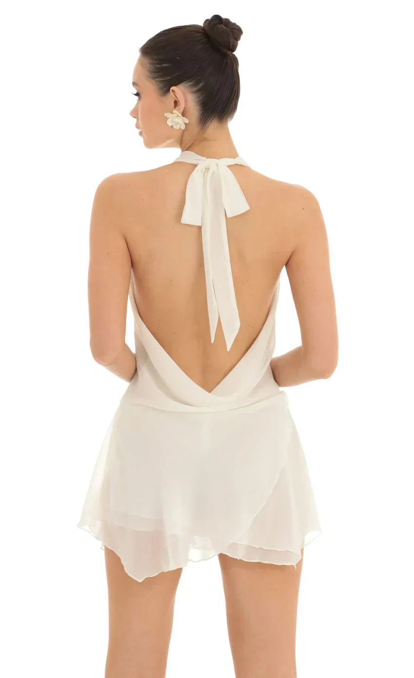 Draped Plunge Neck Dress in White