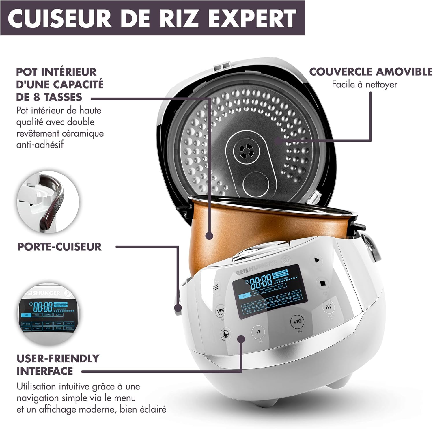 Cuiseur riz et vapeur numérique bol céramique 1,5 L 12 programmes