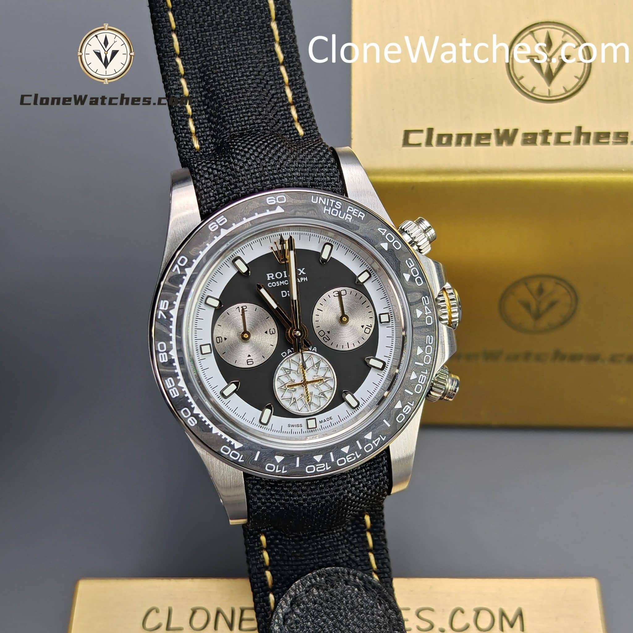 Modified Super Clone Watches 1:1 DiW Rolex Daytona “EXCEPTIONAL UNIQUE” 4130 Movement Black Strap