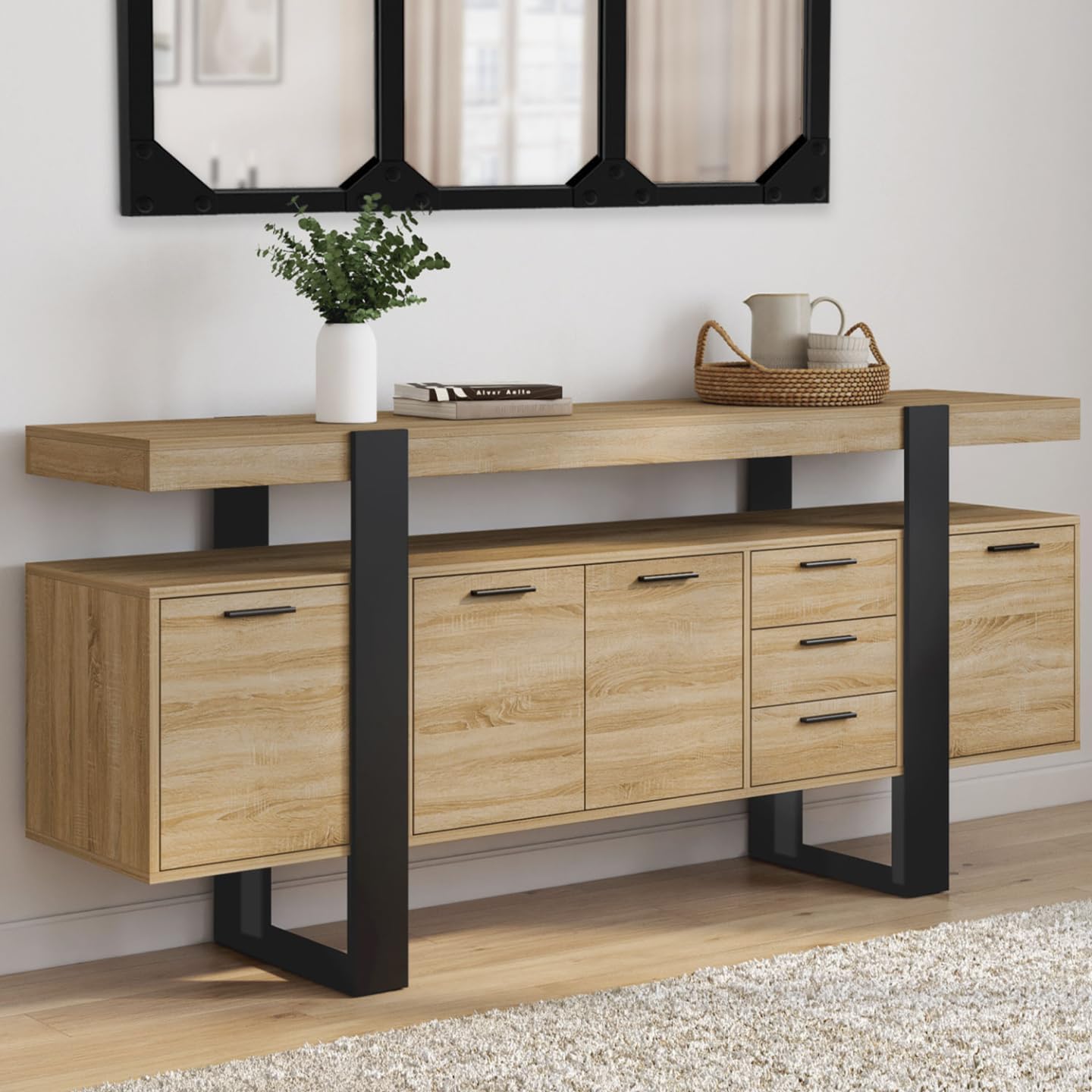 Buffet 180 cm Phoenix XXL 4 portes 3 tiroirs bois noir