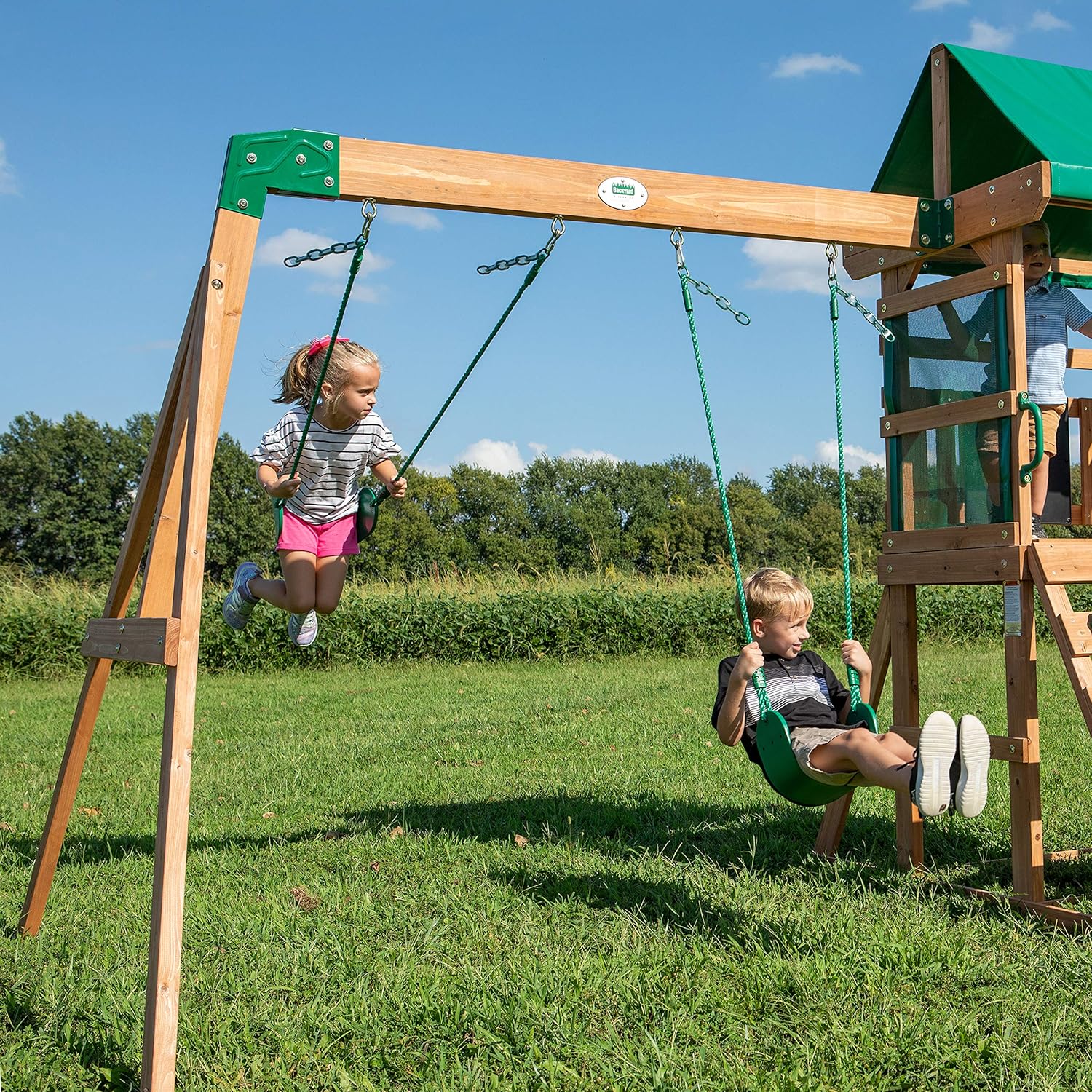Aire de jeux en bois maisonnette extérieur balançoire toboggan bac à sable