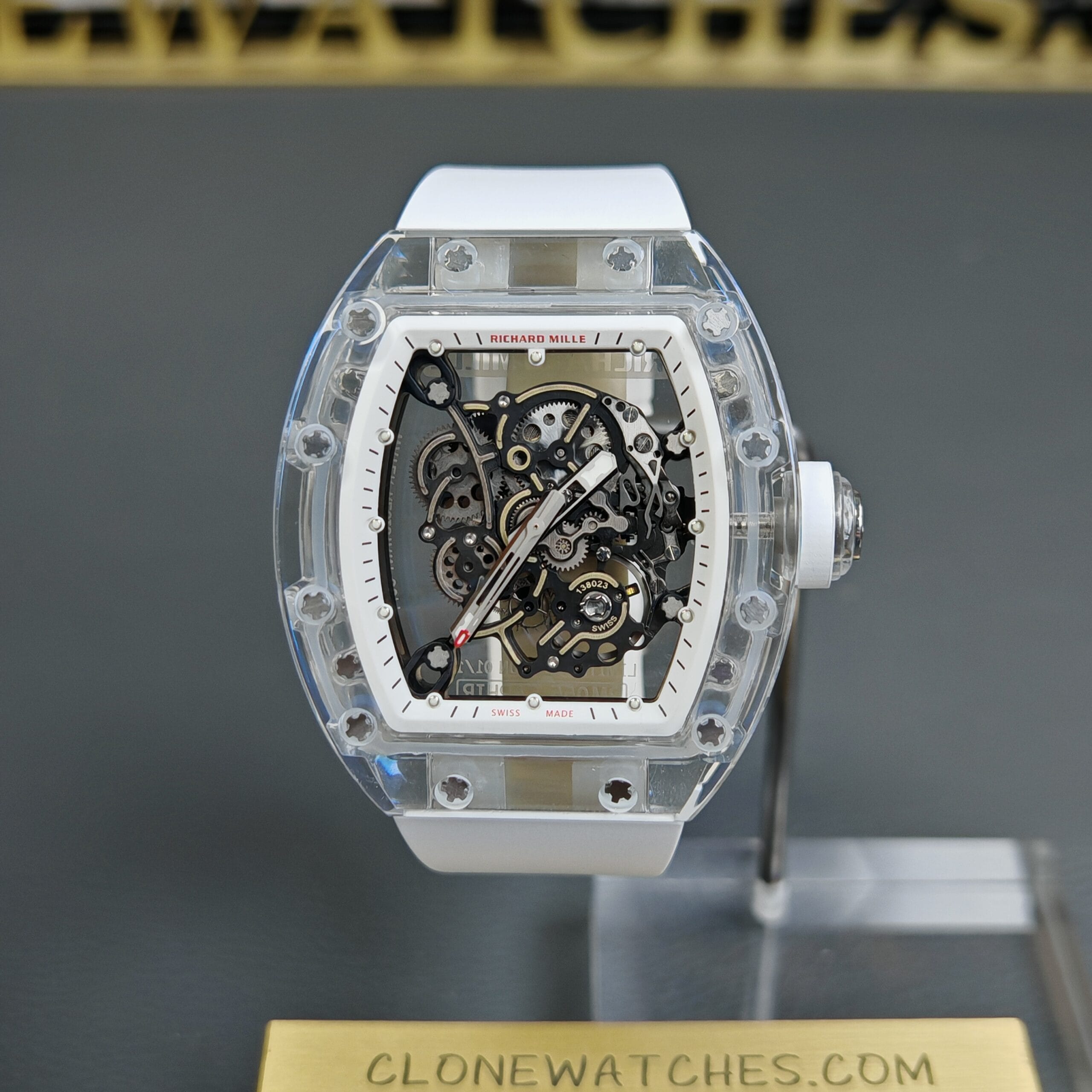 Richard Mille Super Clone Watches 1:1 RM 055 Full Transparent Tourbillon White Strap