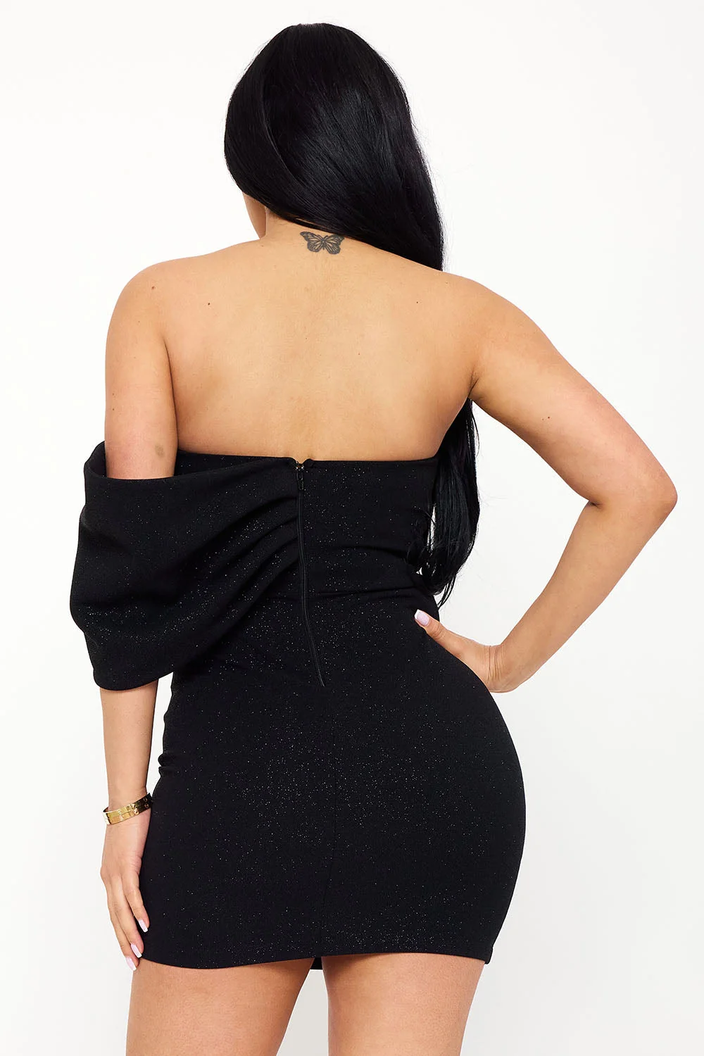 Symphony Dress - Glitter With Large Bow On One Shoulder Mini Dress