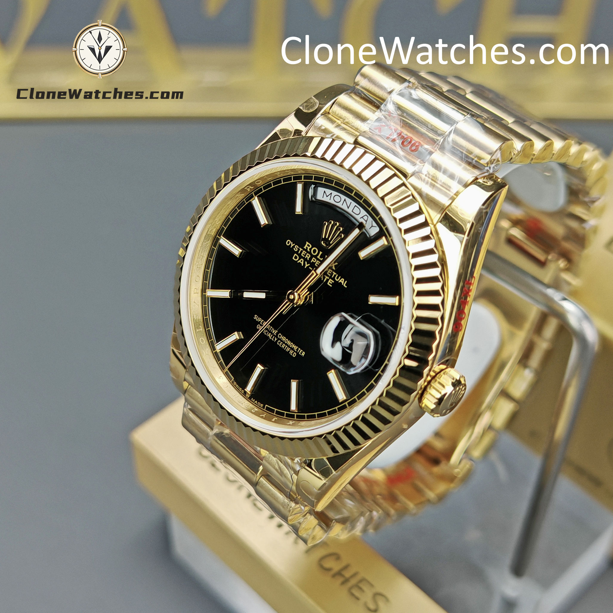 Rolex Super Clone Watches 1:1 Day Date 18K Gold Black Dial 40mm m228238-0067 3255 Movement