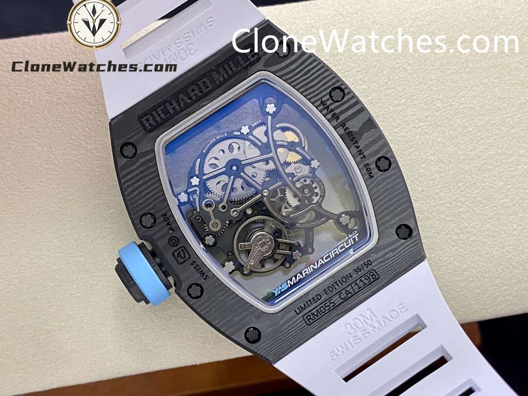 Richard Mille Super Clone Watches 1:1 RM 055 Carbon Tourbillon White Strap