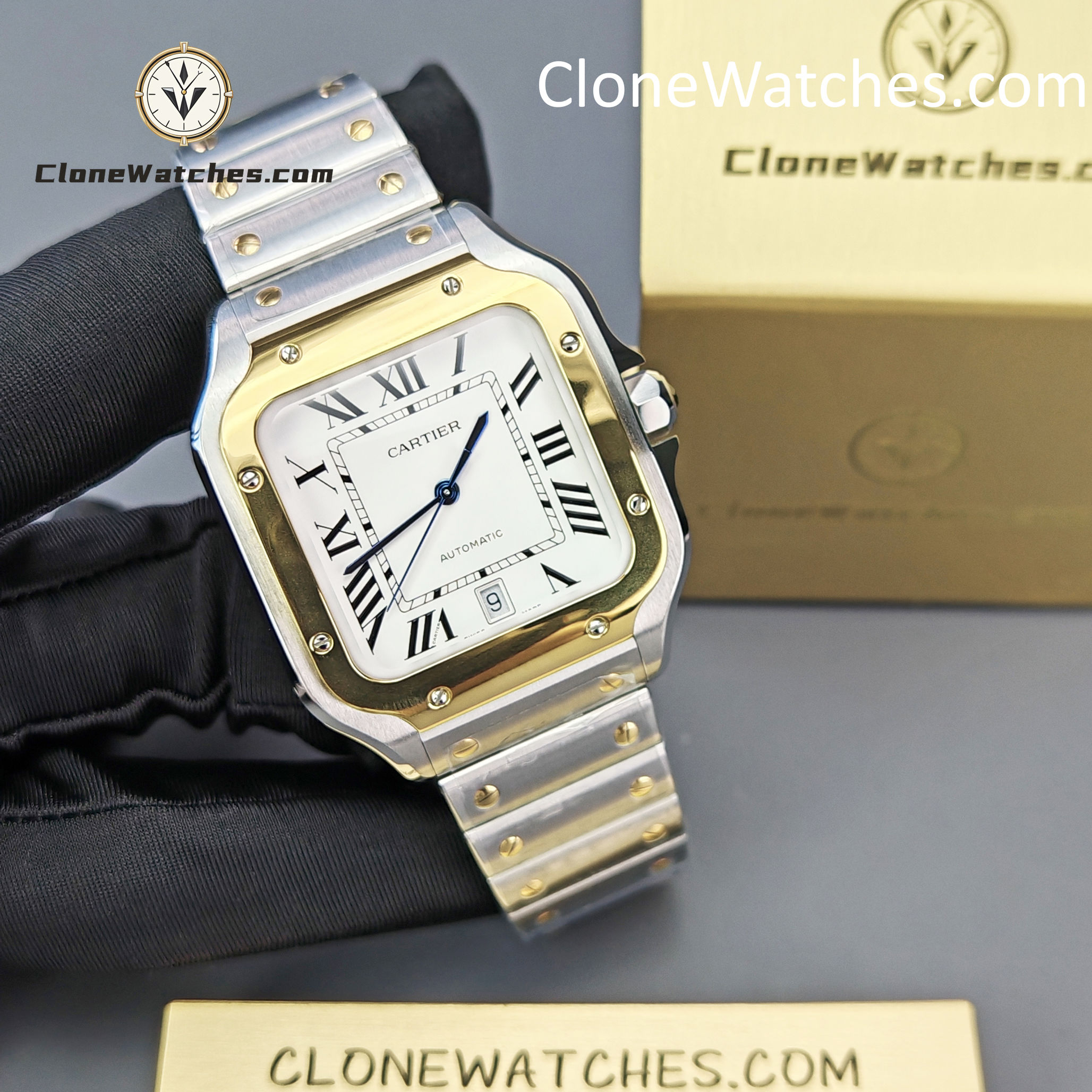 Cartier Super Clone Watches 1:1 Santos Series White Dial 18K gold plated 39.8MM W2SA0009 Steel Strap