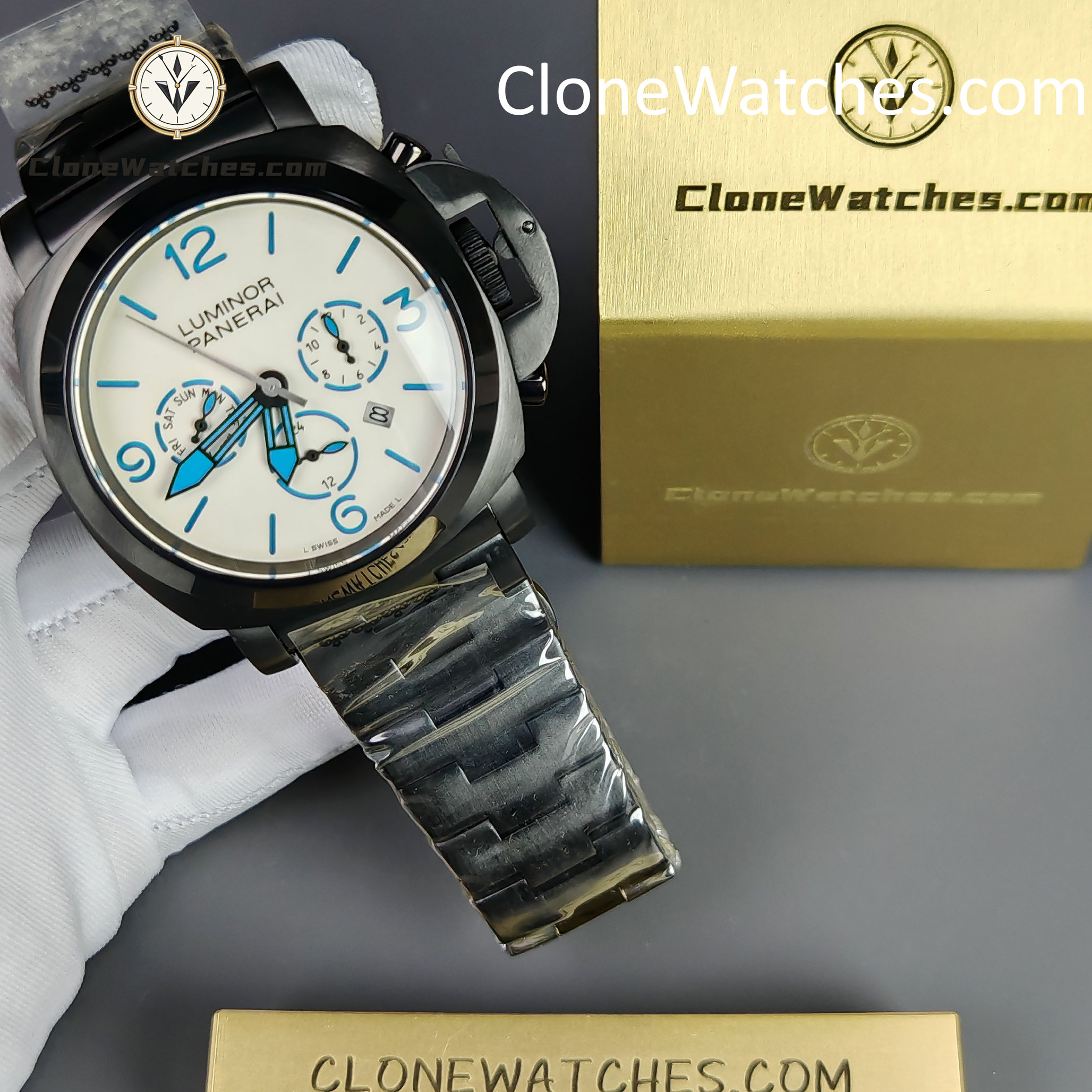 Panerai Super Clone Watches 1:1 White Dial Black Bracelet 44mm